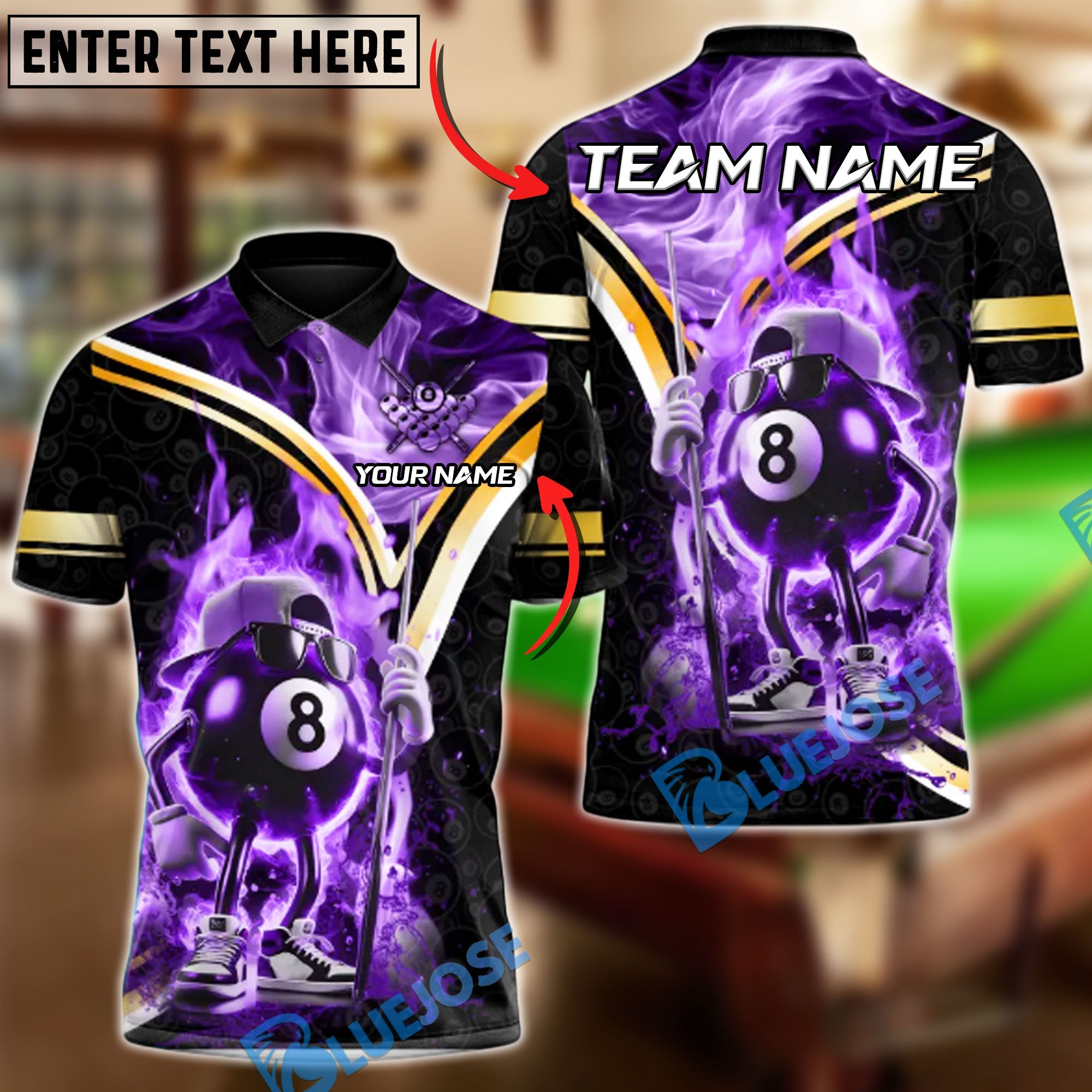BlueJose Billiards Ball 8 Flaming Cool Personalized Name, Team Name Unisex Shirt (4 Colors)