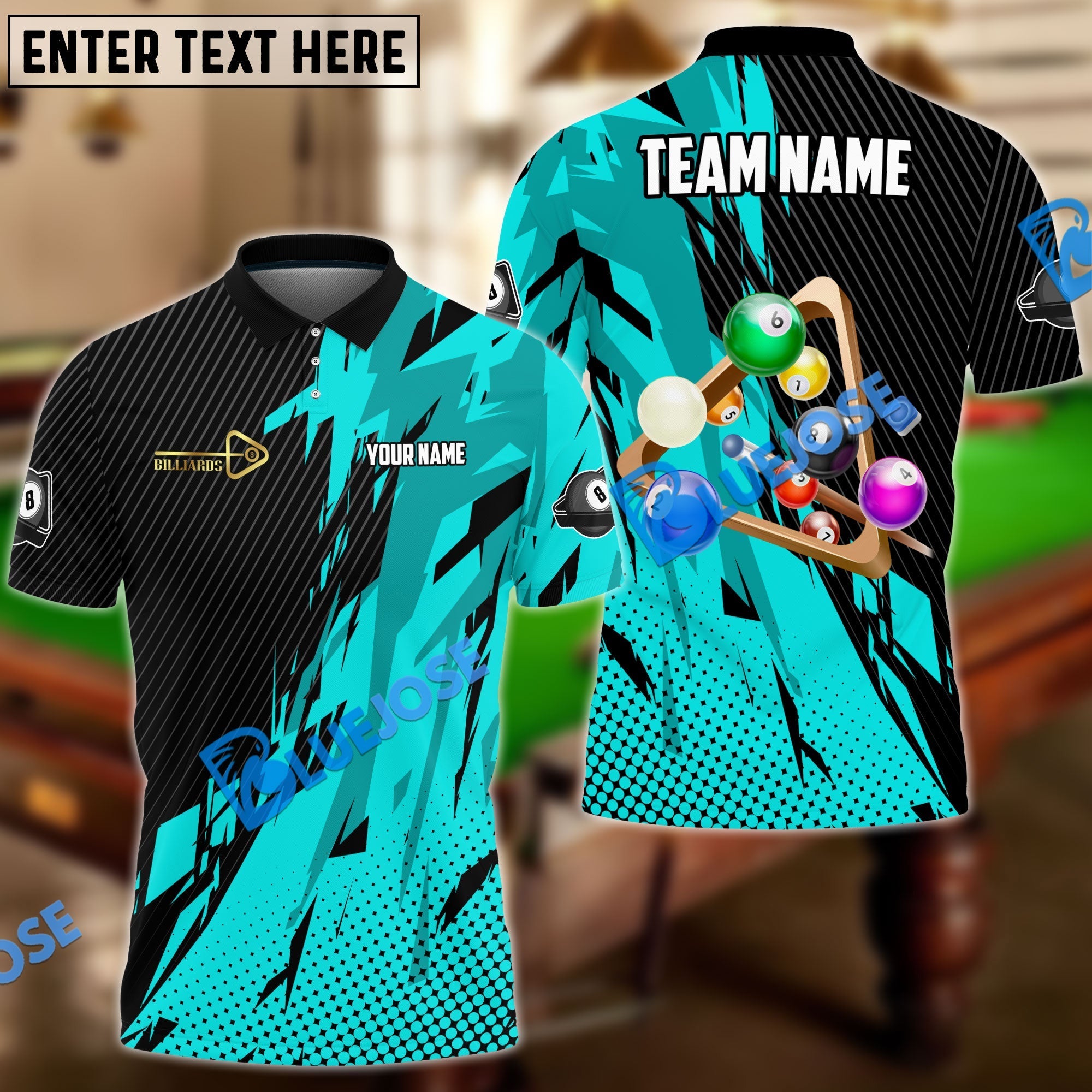 BlueJose Billiards Ball 8 Champion Personalized Name, Team Name Unisex Shirt (6 Colors)