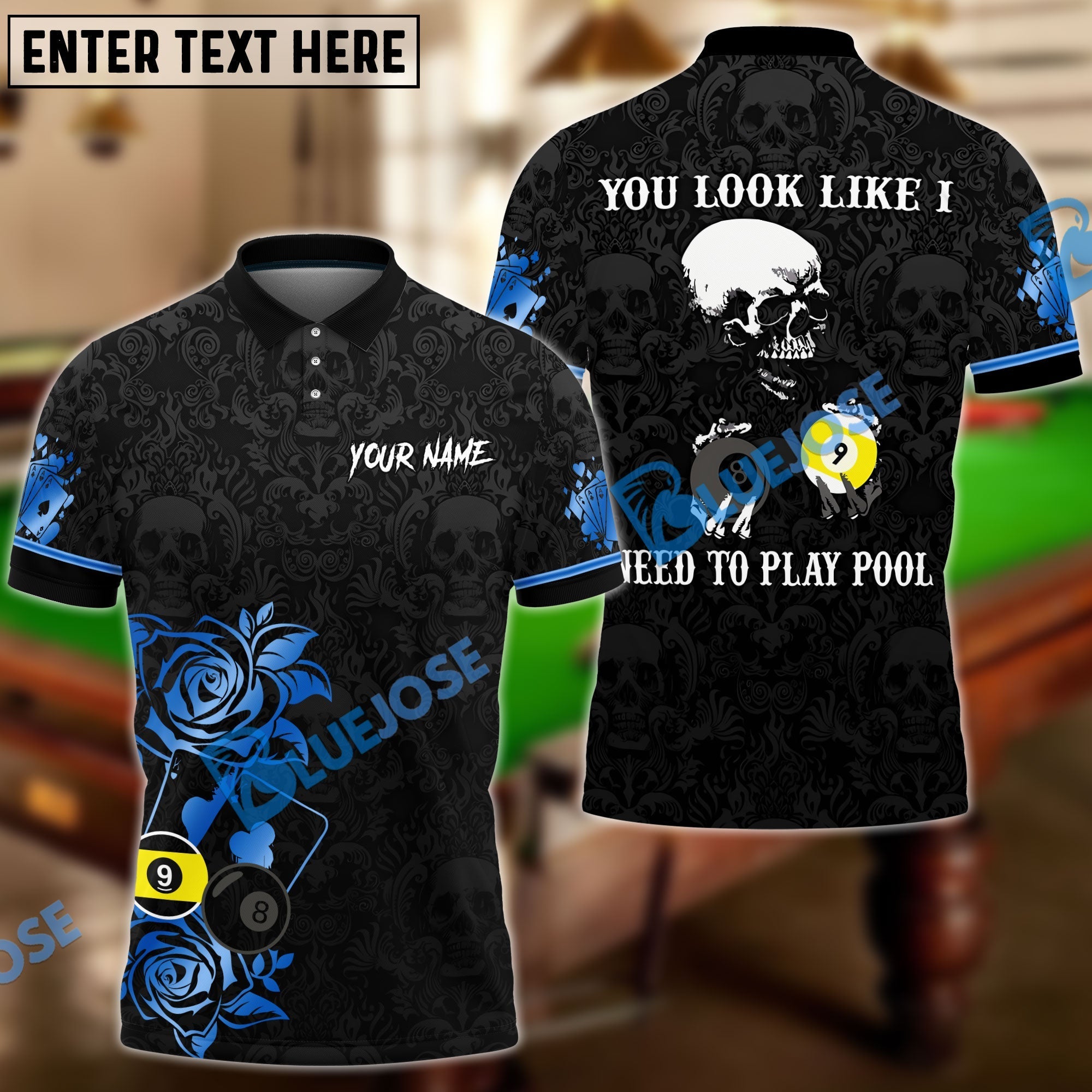 BlueJose Billiards Poker Skull Personalized Name Unisex Shirt (6 Colors)