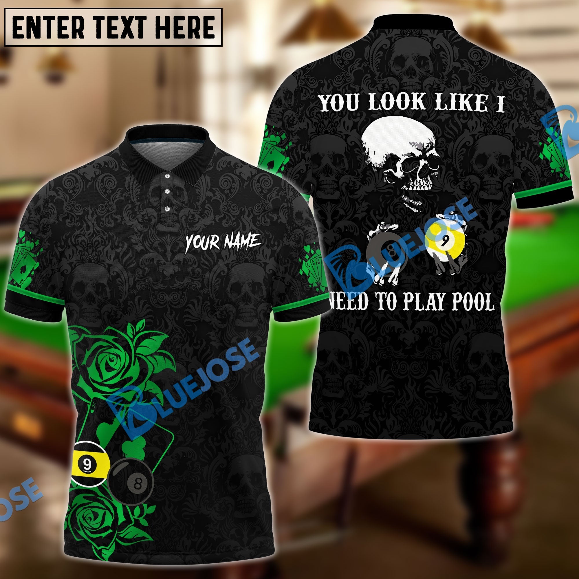 BlueJose Billiards Poker Skull Personalized Name Unisex Shirt (6 Colors)