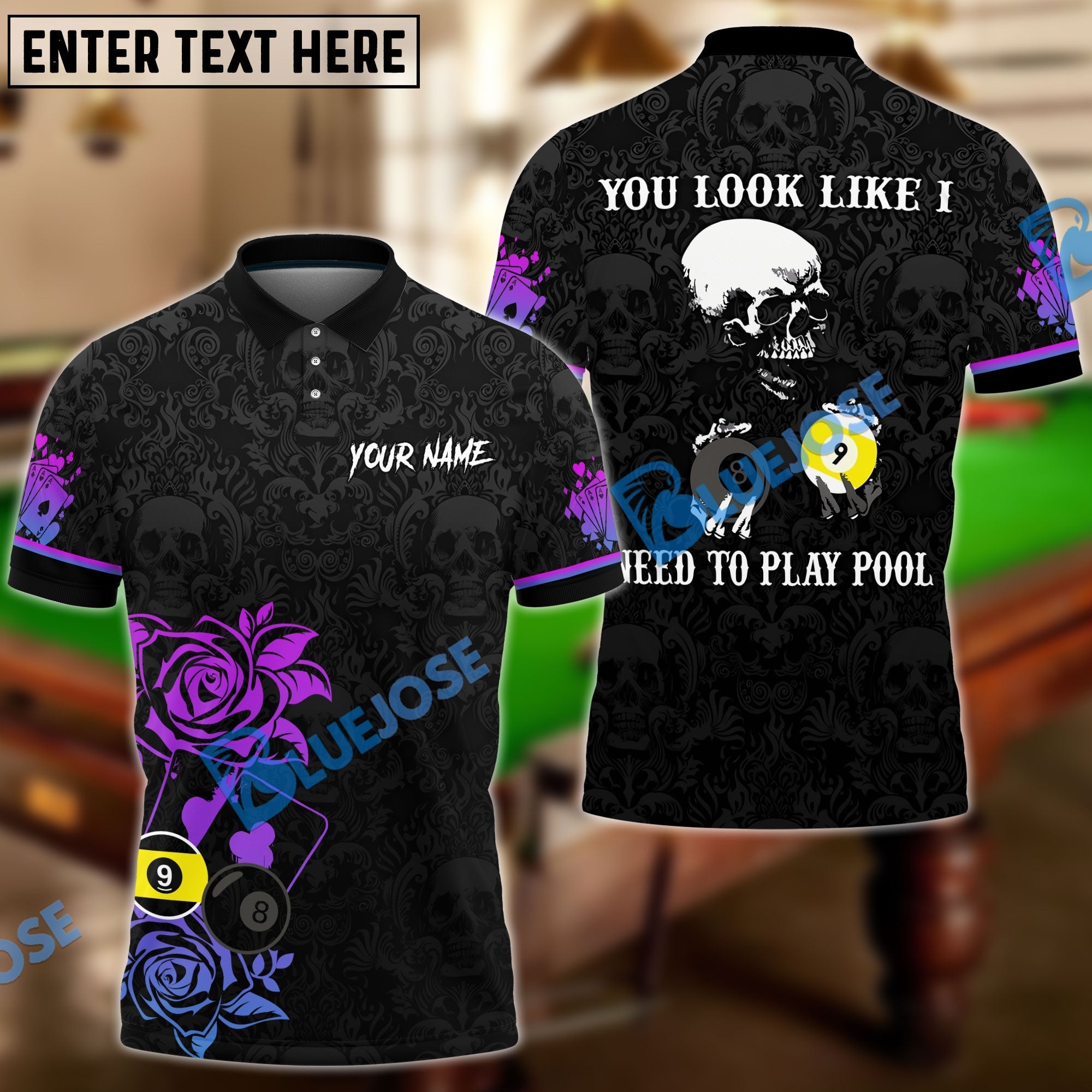 BlueJose Billiards Poker Skull Personalized Name Unisex Shirt (6 Colors)