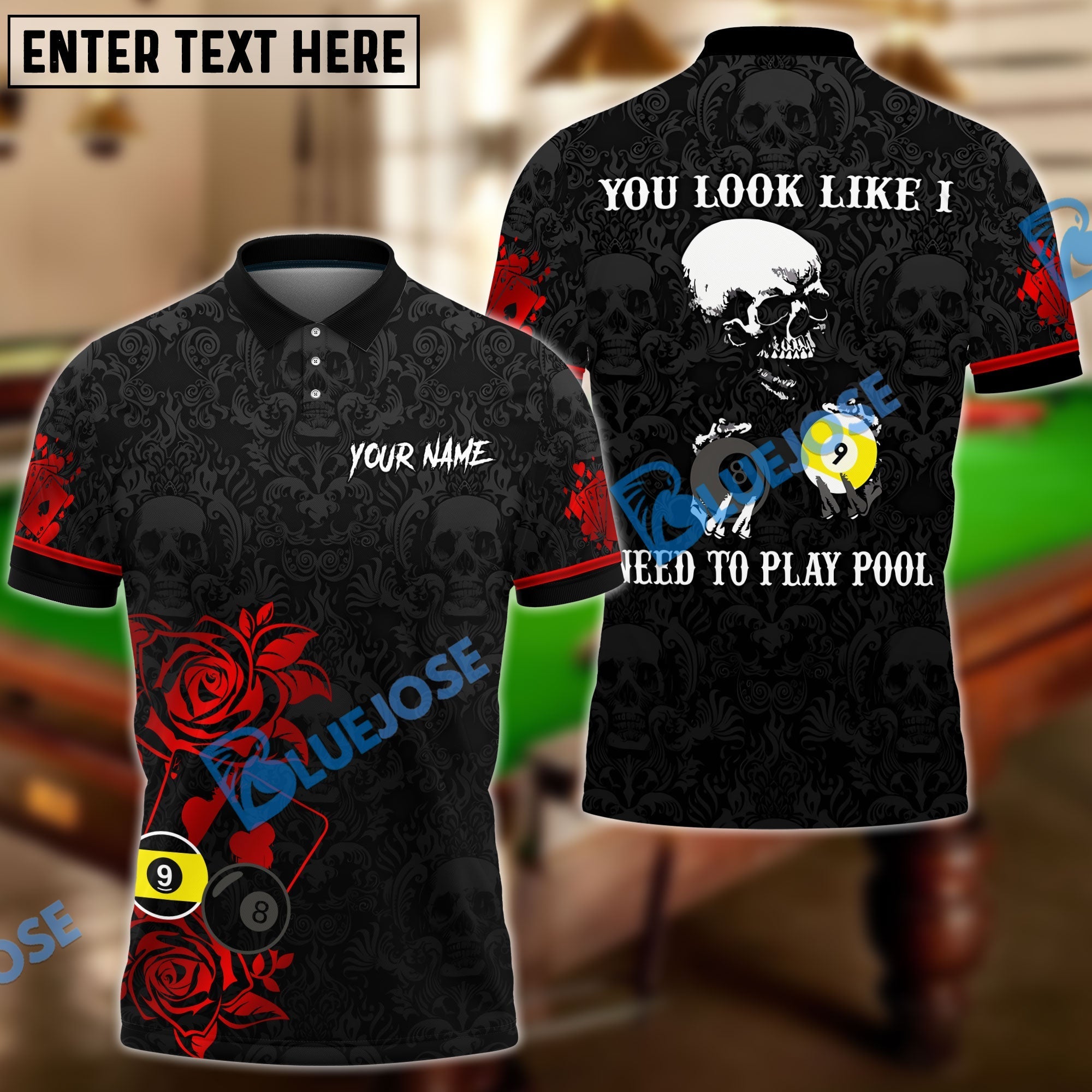 BlueJose Billiards Poker Skull Personalized Name Unisex Shirt (6 Colors)