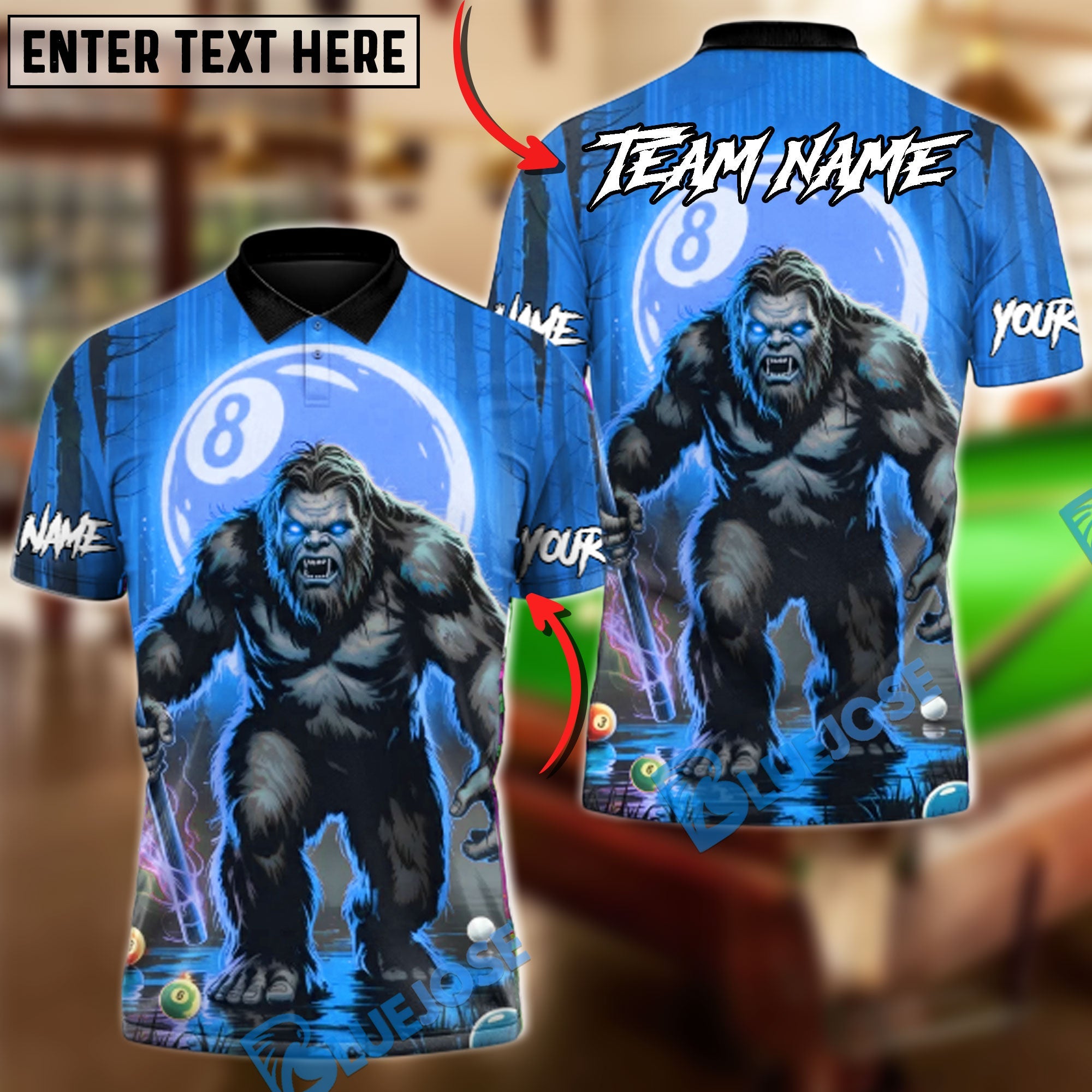 BlueJose Billiards 8-Ball Bigfoot Breaker Customized Name, Team Name 3D Shirt (6 Colors)