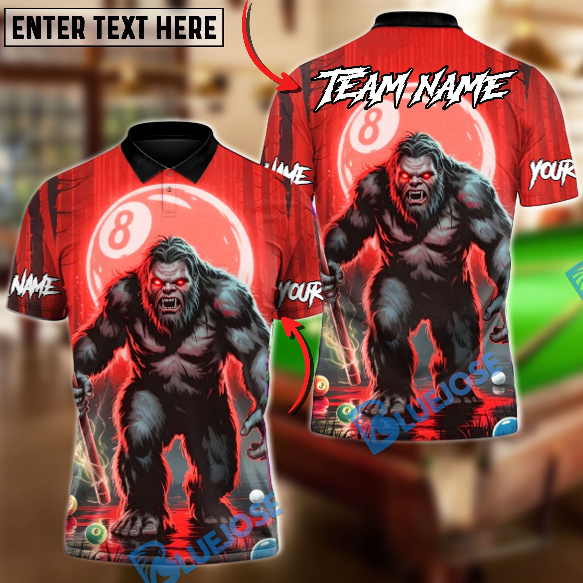 BlueJose Billiards 8-Ball Bigfoot Breaker Customized Name, Team Name 3D Shirt (6 Colors)