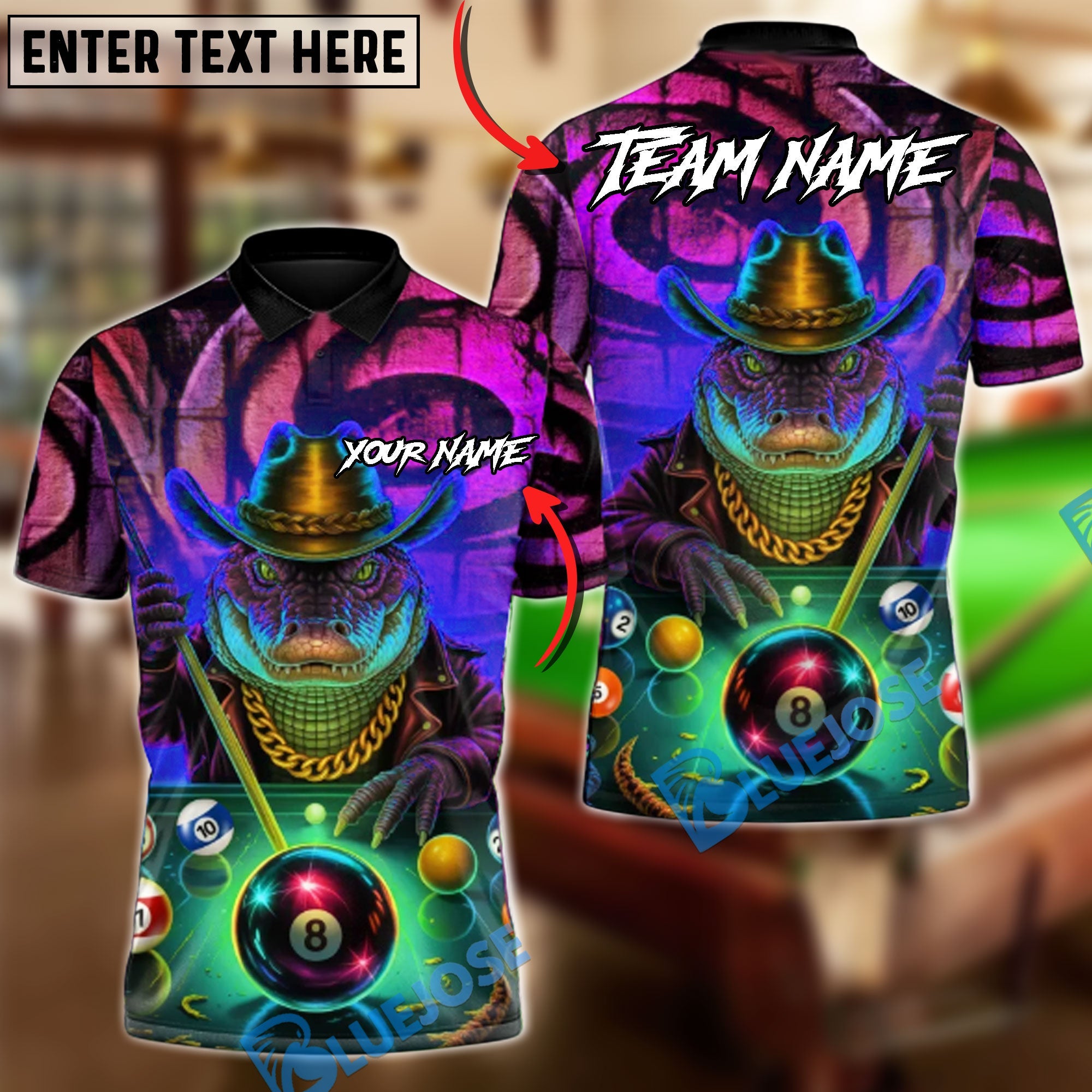 BlueJose Billiards 8-Ball The Crocodile Breaker Customized Name, Team Name 3D Shirt (4 Colors)