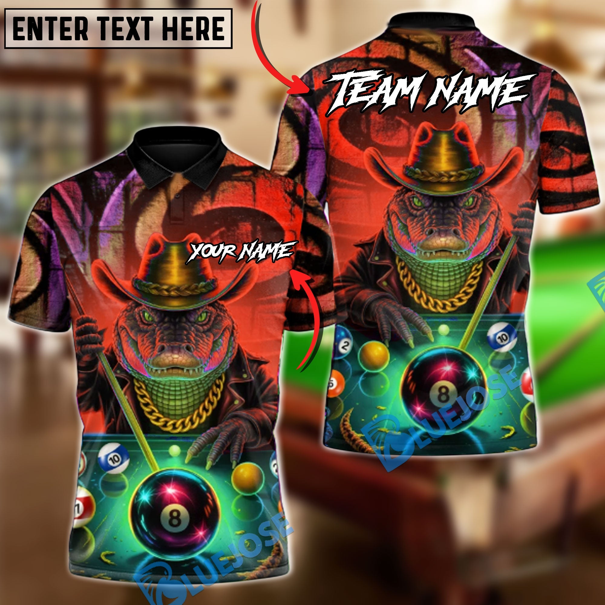 BlueJose Billiards 8-Ball The Crocodile Breaker Customized Name, Team Name 3D Shirt (4 Colors)