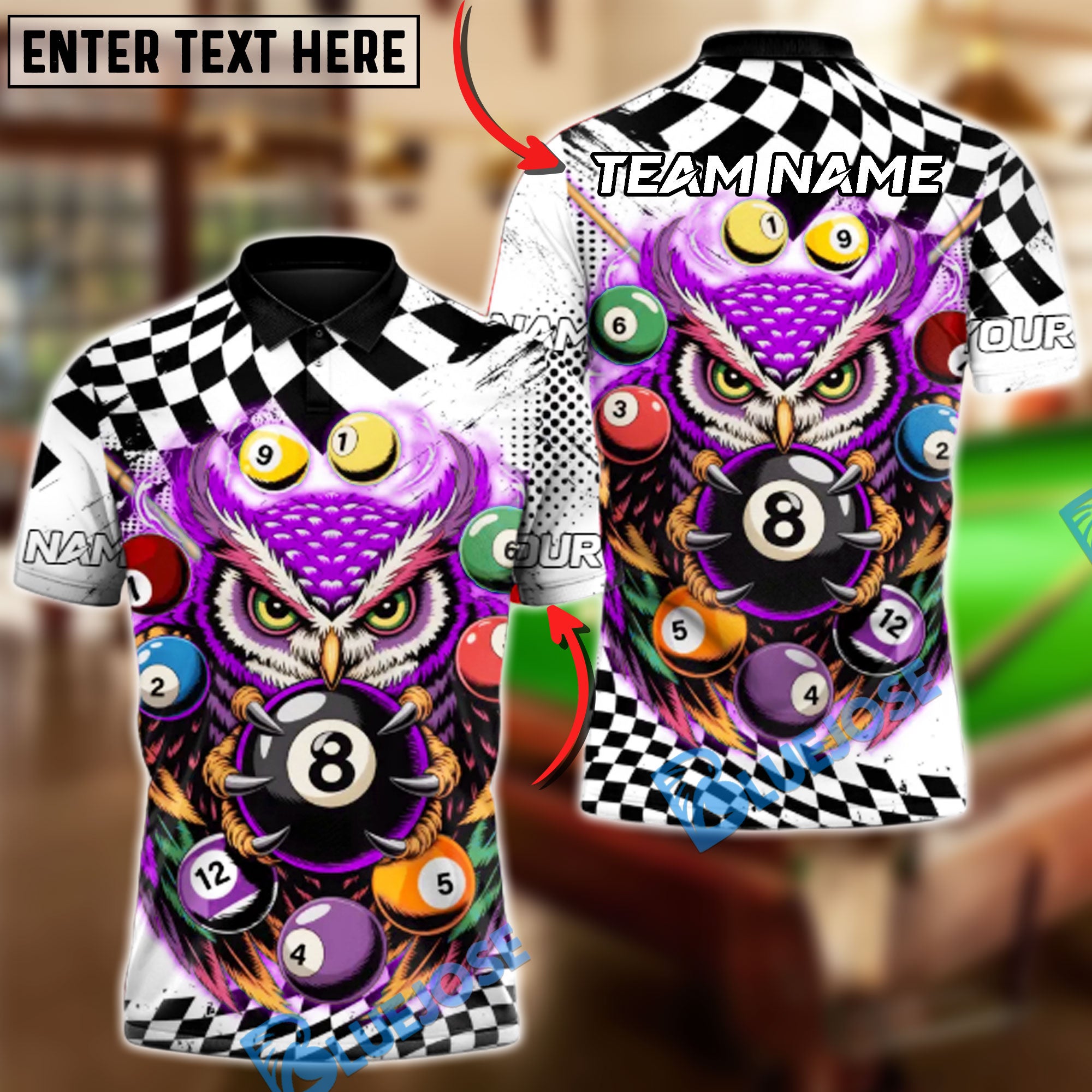 BlueJose Billiards 8-Ball Mystic Owl Customized Name, Team Name 3D Shirt (4 Colors)