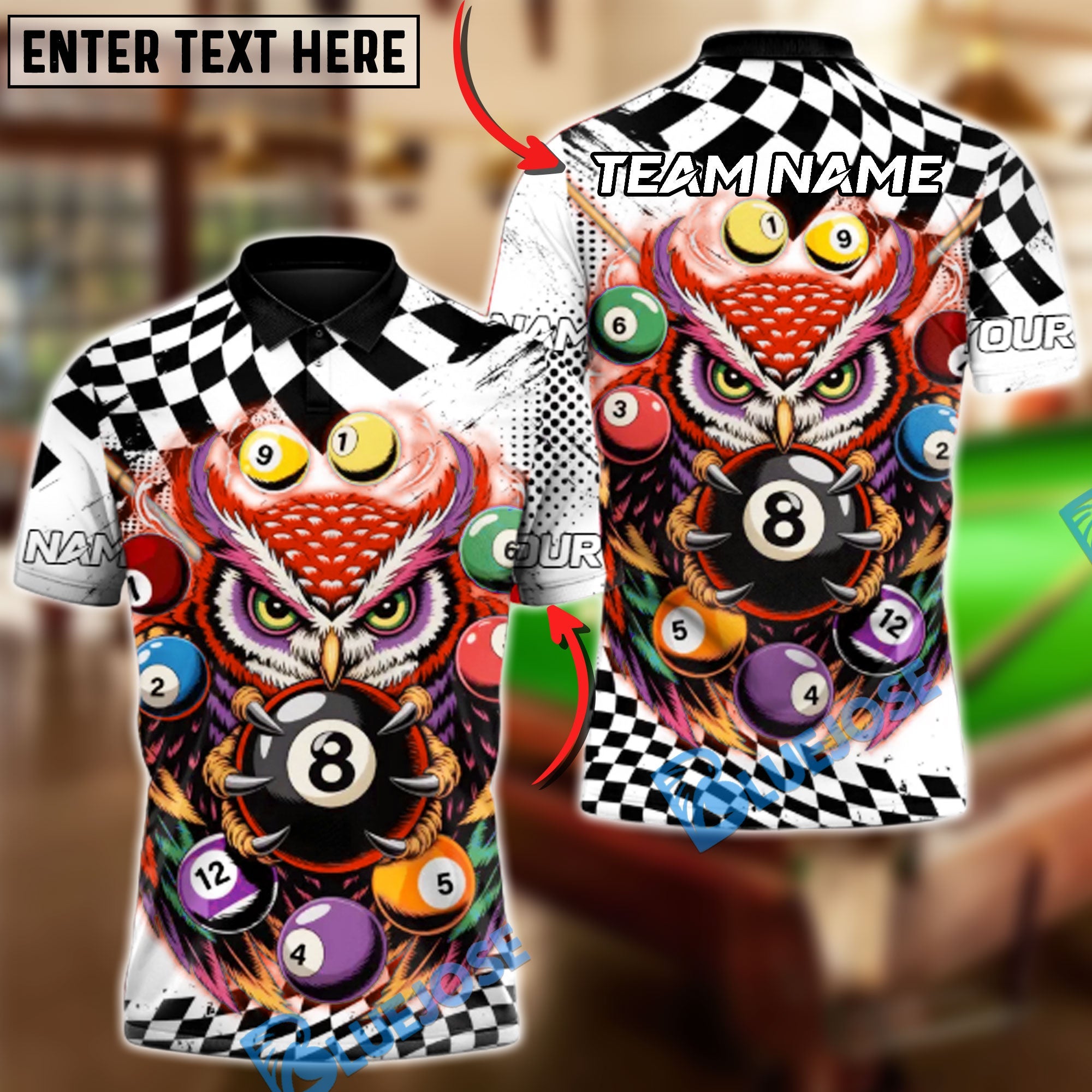 BlueJose Billiards 8-Ball Mystic Owl Customized Name, Team Name 3D Shirt (4 Colors)