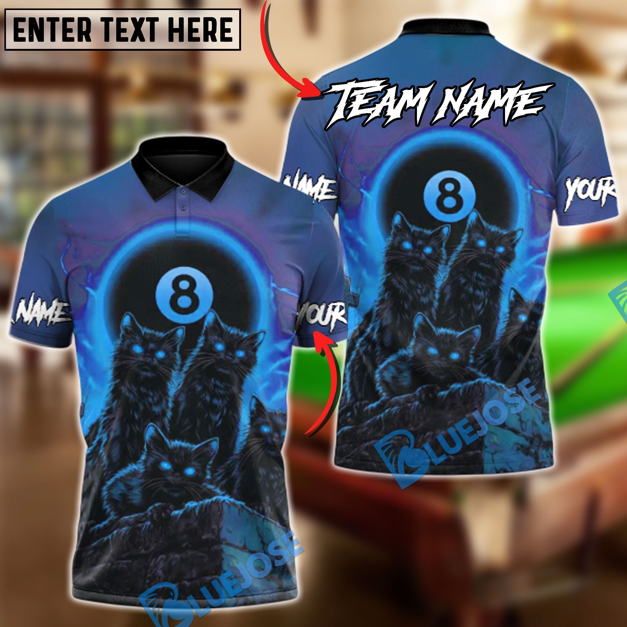 BlueJose Billiards 8-Ball Blood Moon Cat Pack Customized Name, Team Name 3D Shirt (4 Colors)