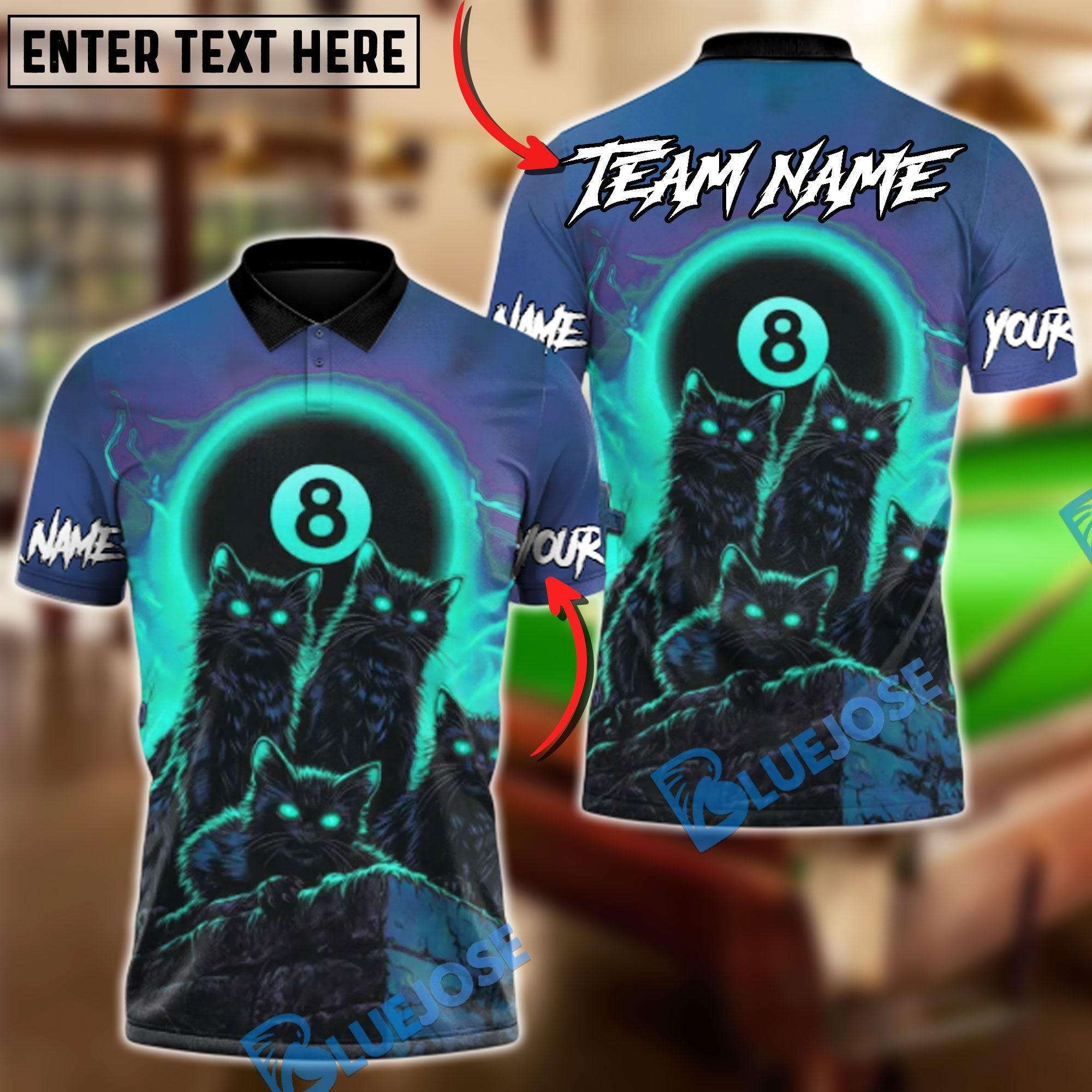 BlueJose Billiards 8-Ball Blood Moon Cat Pack Customized Name, Team Name 3D Shirt (4 Colors)