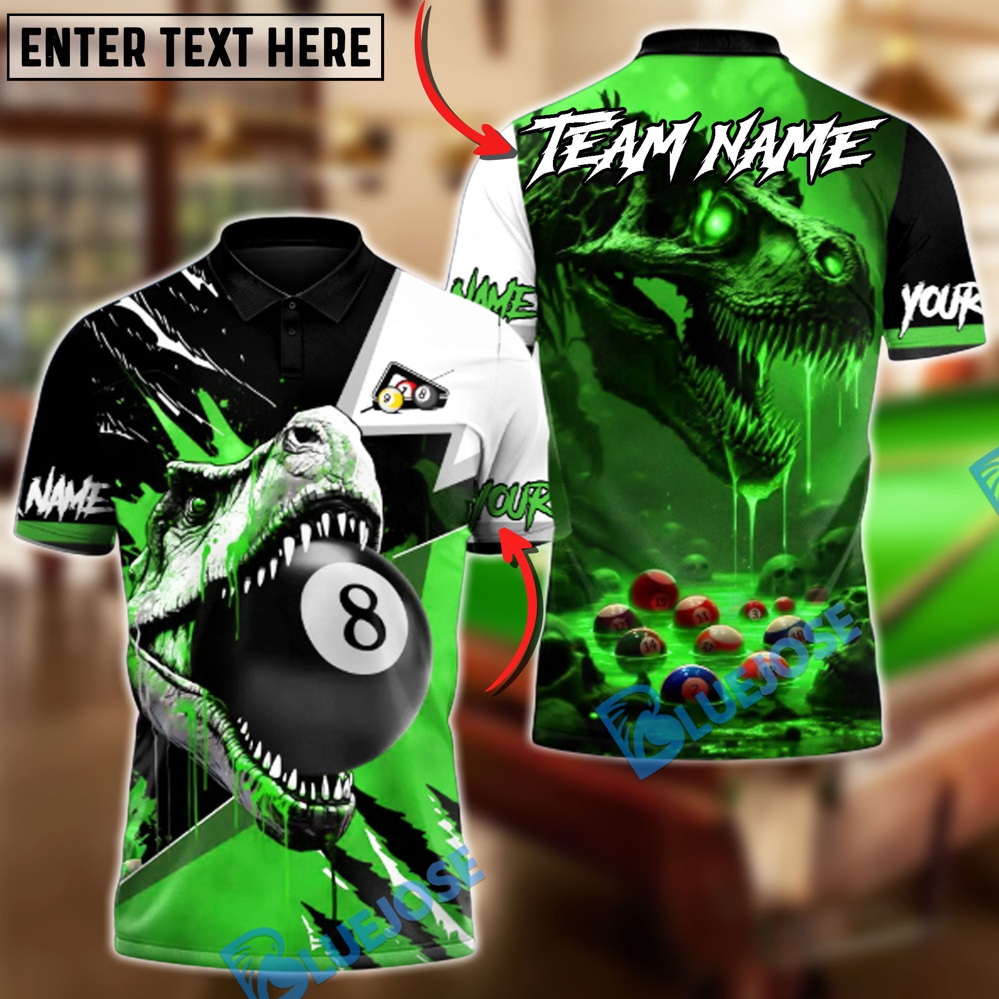 BlueJose Billiards 8-Ball Crimson T-Rex Fury Customized Name, Team Name 3D Shirt (4 Colors)
