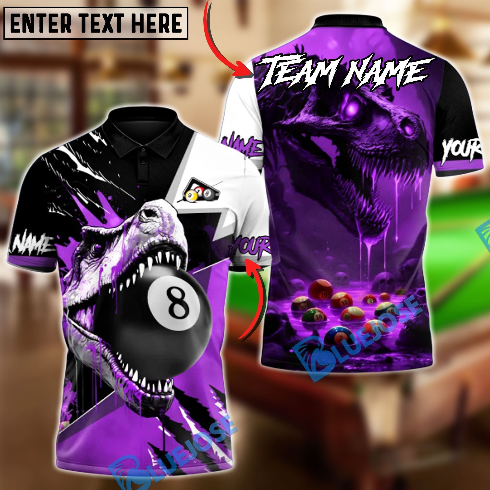 BlueJose Billiards 8-Ball Crimson T-Rex Fury Customized Name, Team Name 3D Shirt (4 Colors)