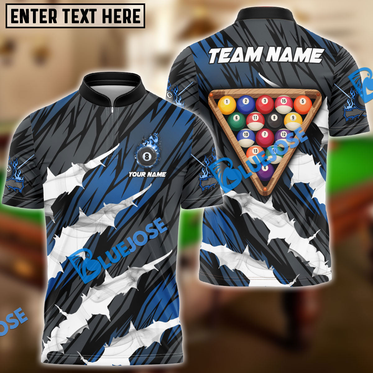 BlueJose Billiards Ball 8 Tearing Rack Personalized Name, Team Name Shirt (4 Colors)