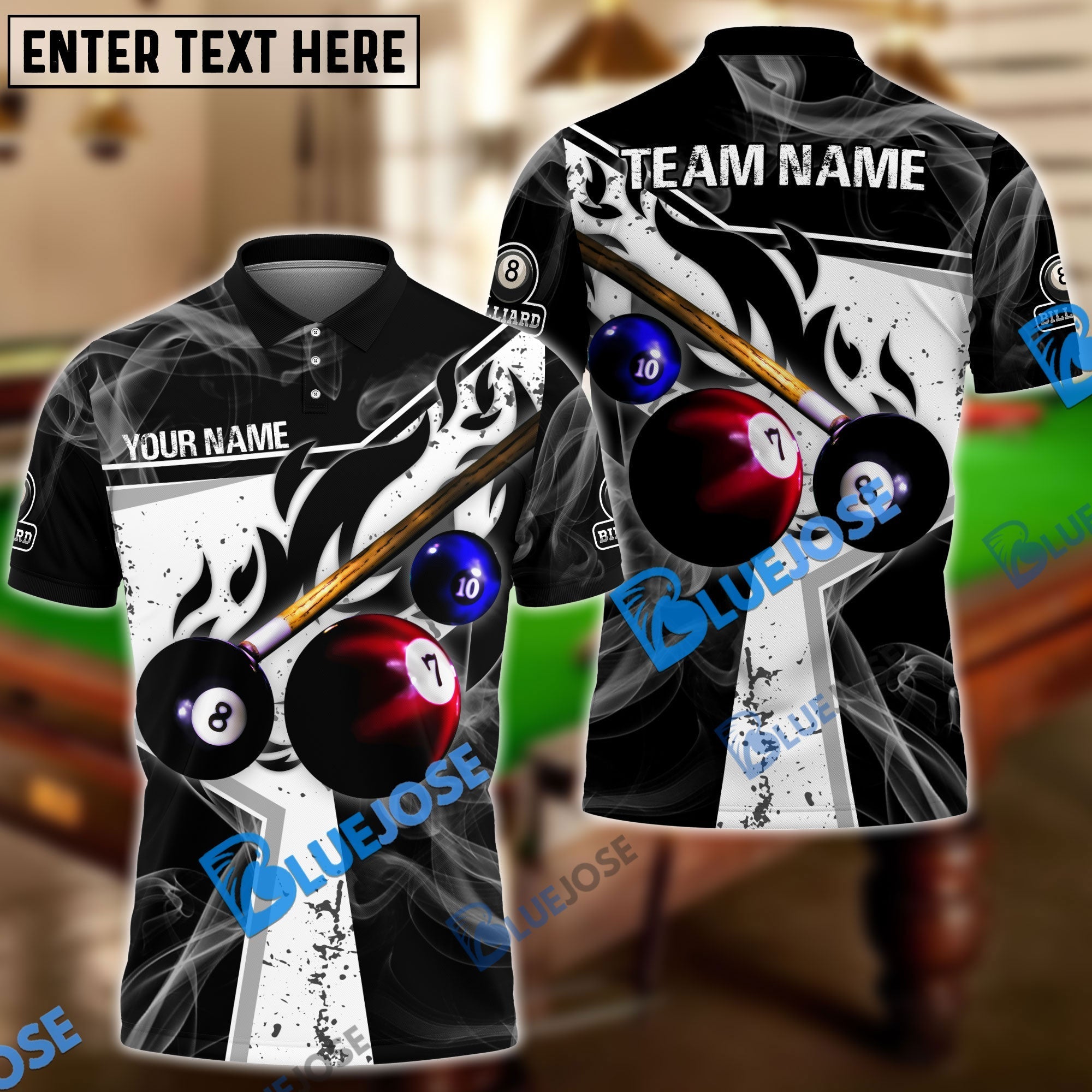 BlueJose Billiards Ball 8 Dark Flame Stroke Personalized Name, Team Name Unisex Shirt (6 Colors)