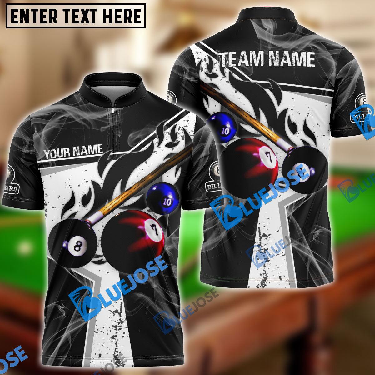 BlueJose Billiards Ball 8 Dark Flame Stroke Personalized Name, Team Name Unisex Shirt (6 Colors)