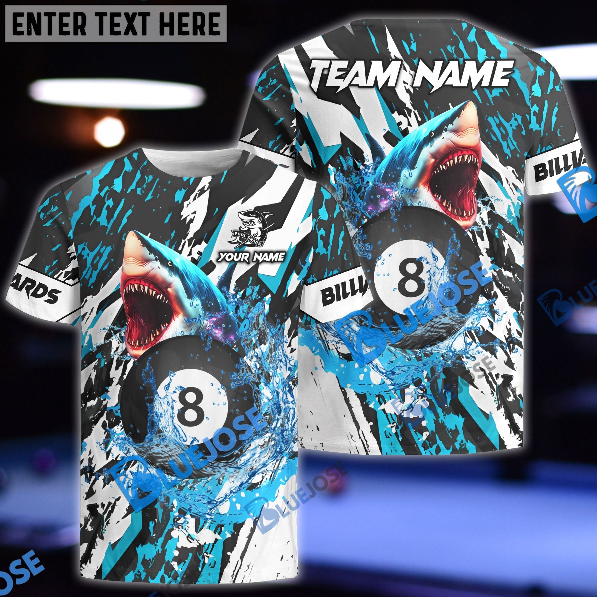 BlueJose Billiards Ball 8 Grunge Shark Personalized Name Shirt (4 Colors)