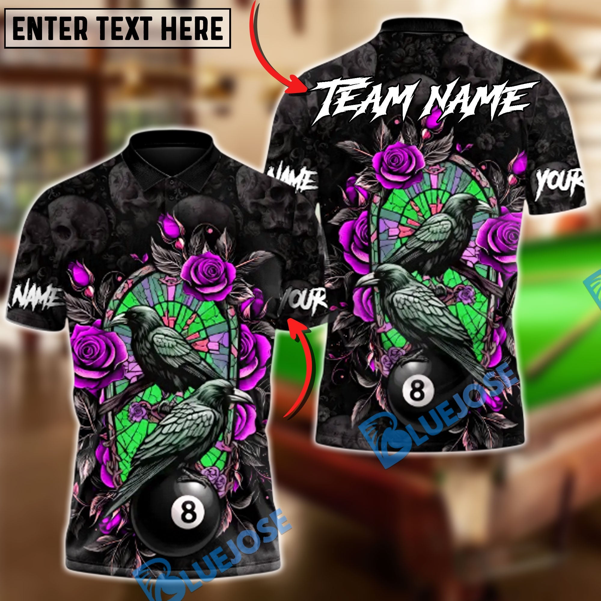BlueJose Billiards 8-Ball Raven Rose Customized Name, Team Name 3D Shirt (4 Colors)