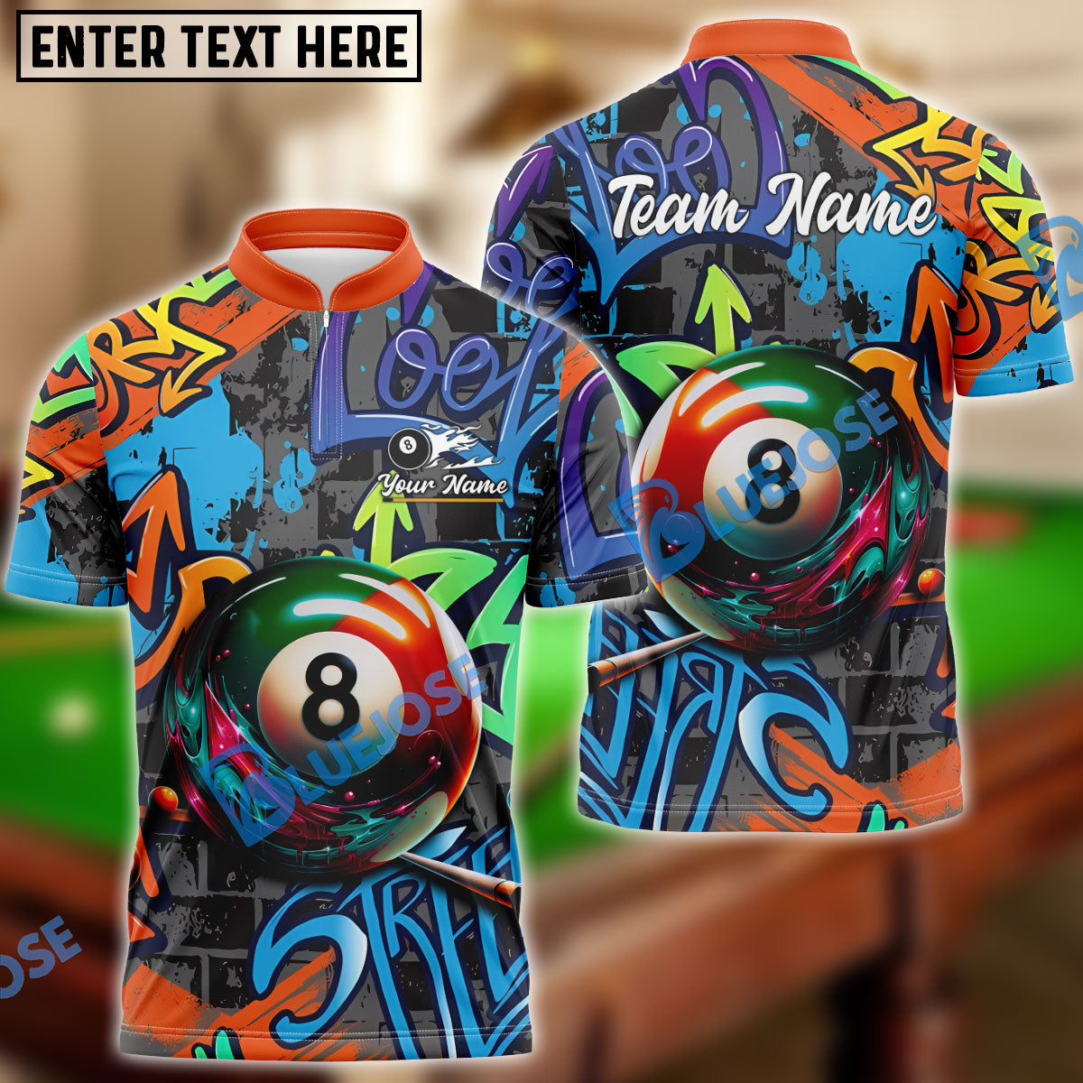 BlueJose Billiards Ball 8 Graffiti Street Personalized Name Shirt (4 Colors)