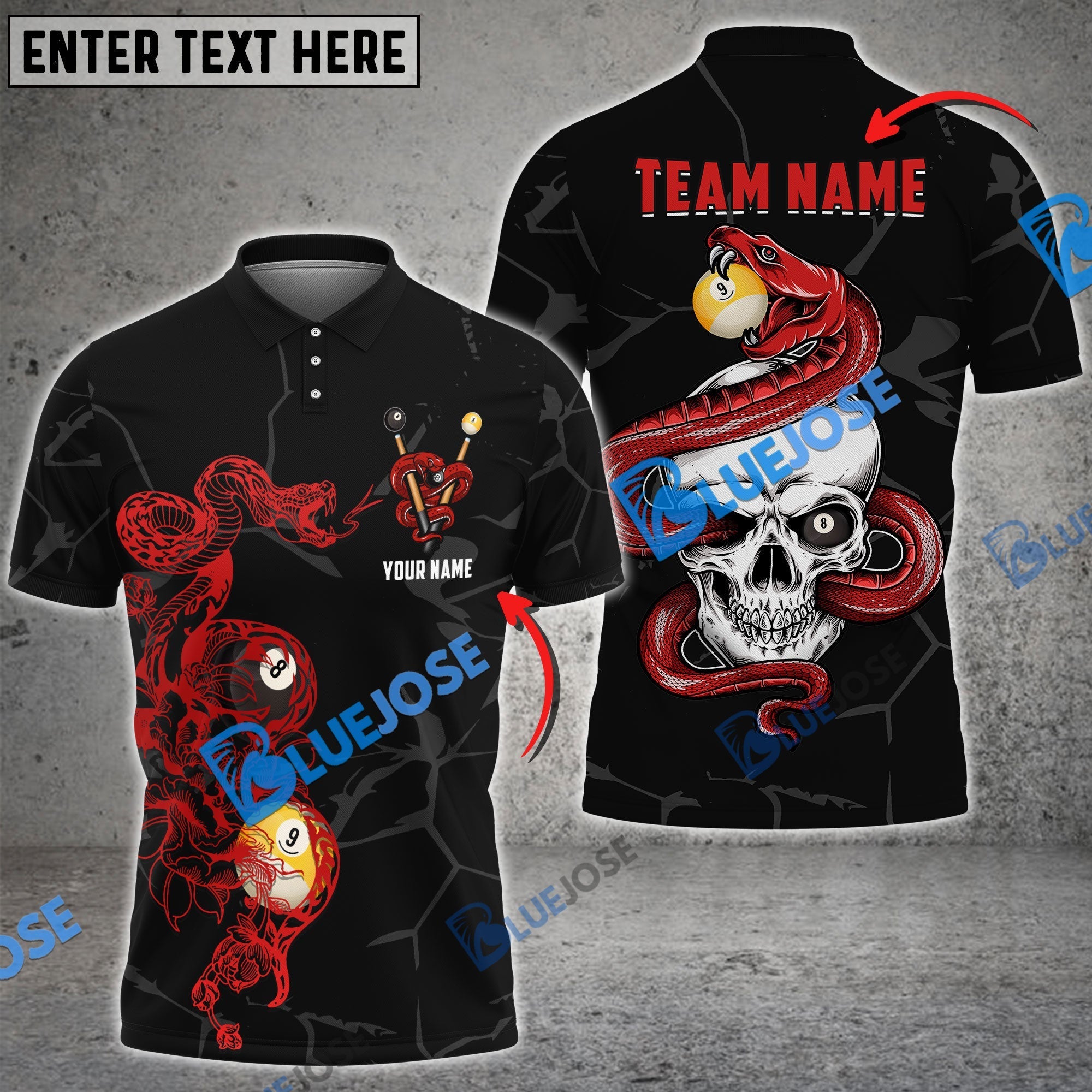 BlueJose Billiards Ball 8 And 9 Snake Skull Personalized Name, Team Name Shirt (4 Colors)