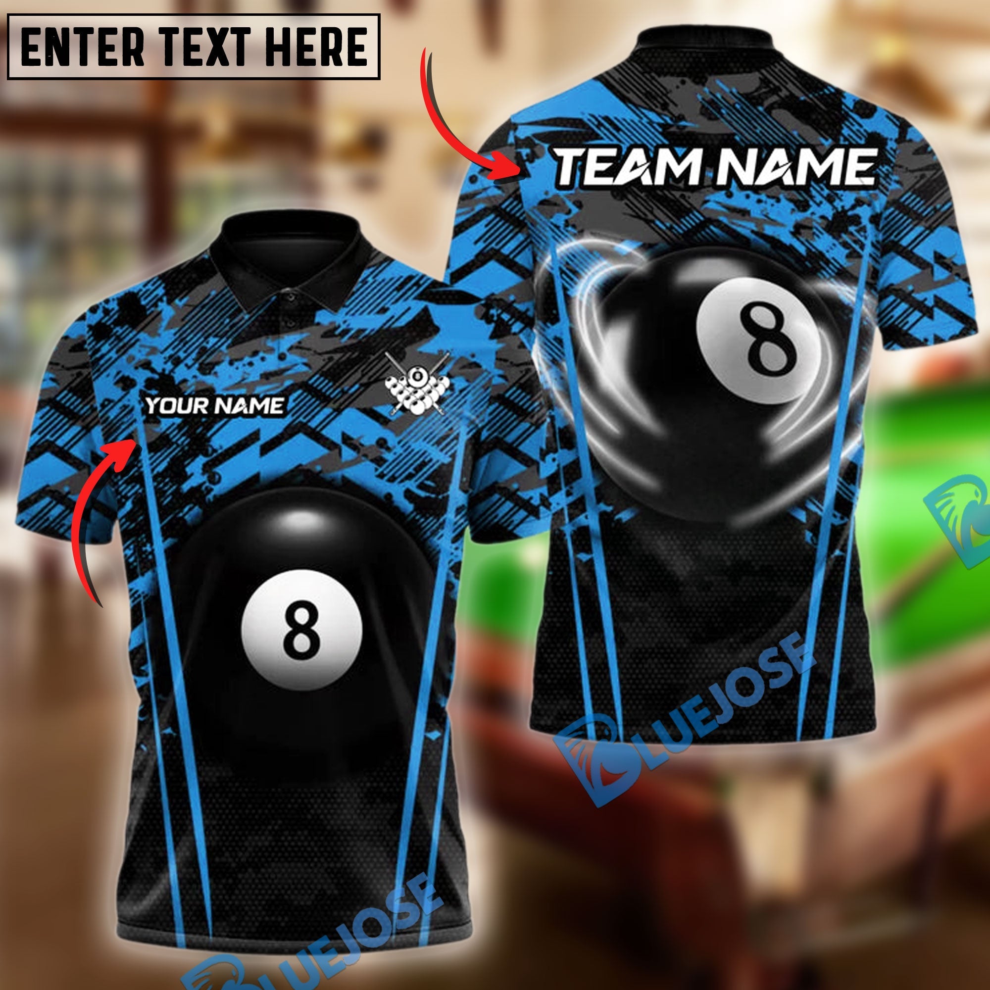 BlueJose Billiards Ball 8 Crimson Cue Clash Personalized Name & Team Name Shirt (4 Colors)