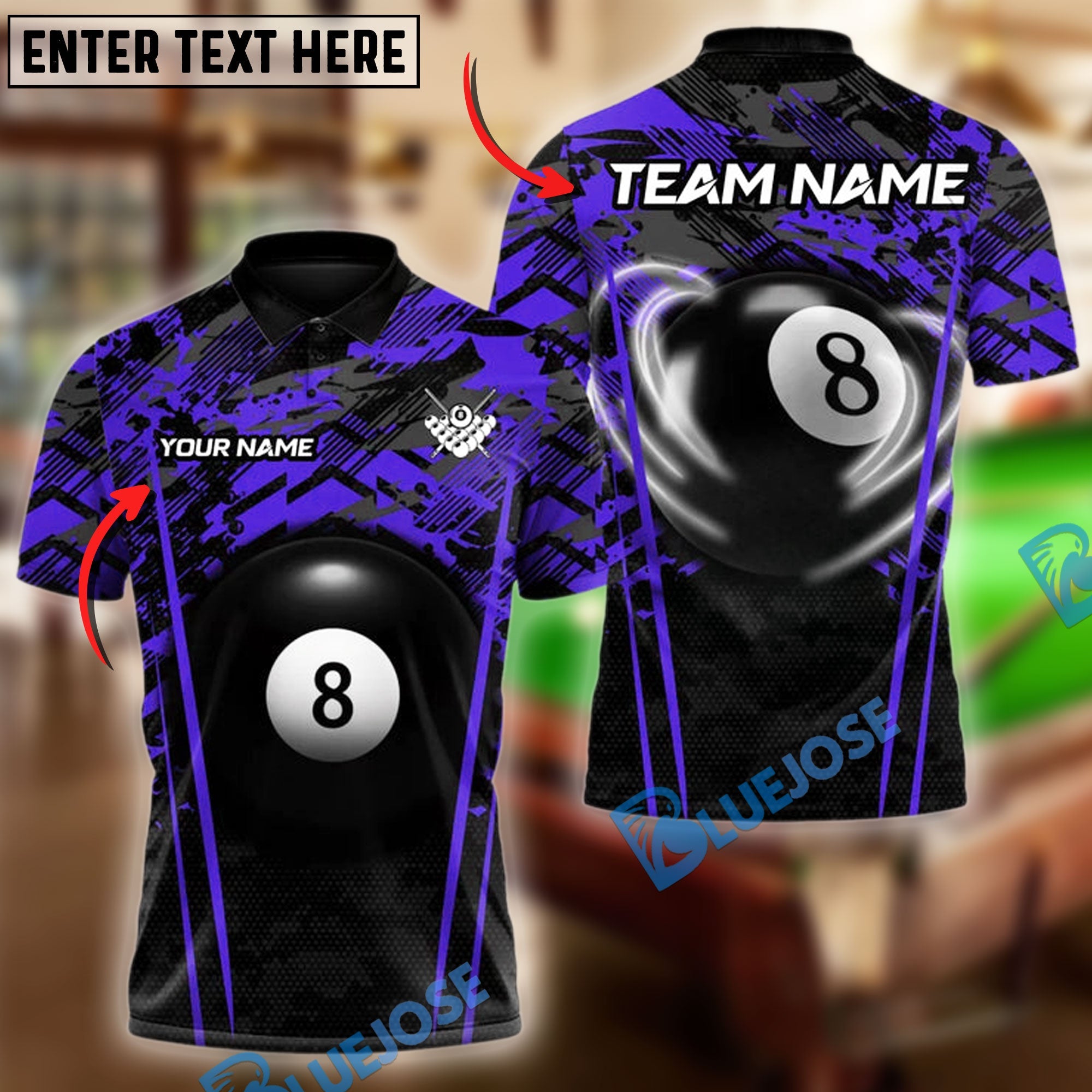 BlueJose Billiards Ball 8 Crimson Cue Clash Personalized Name & Team Name Shirt (4 Colors)