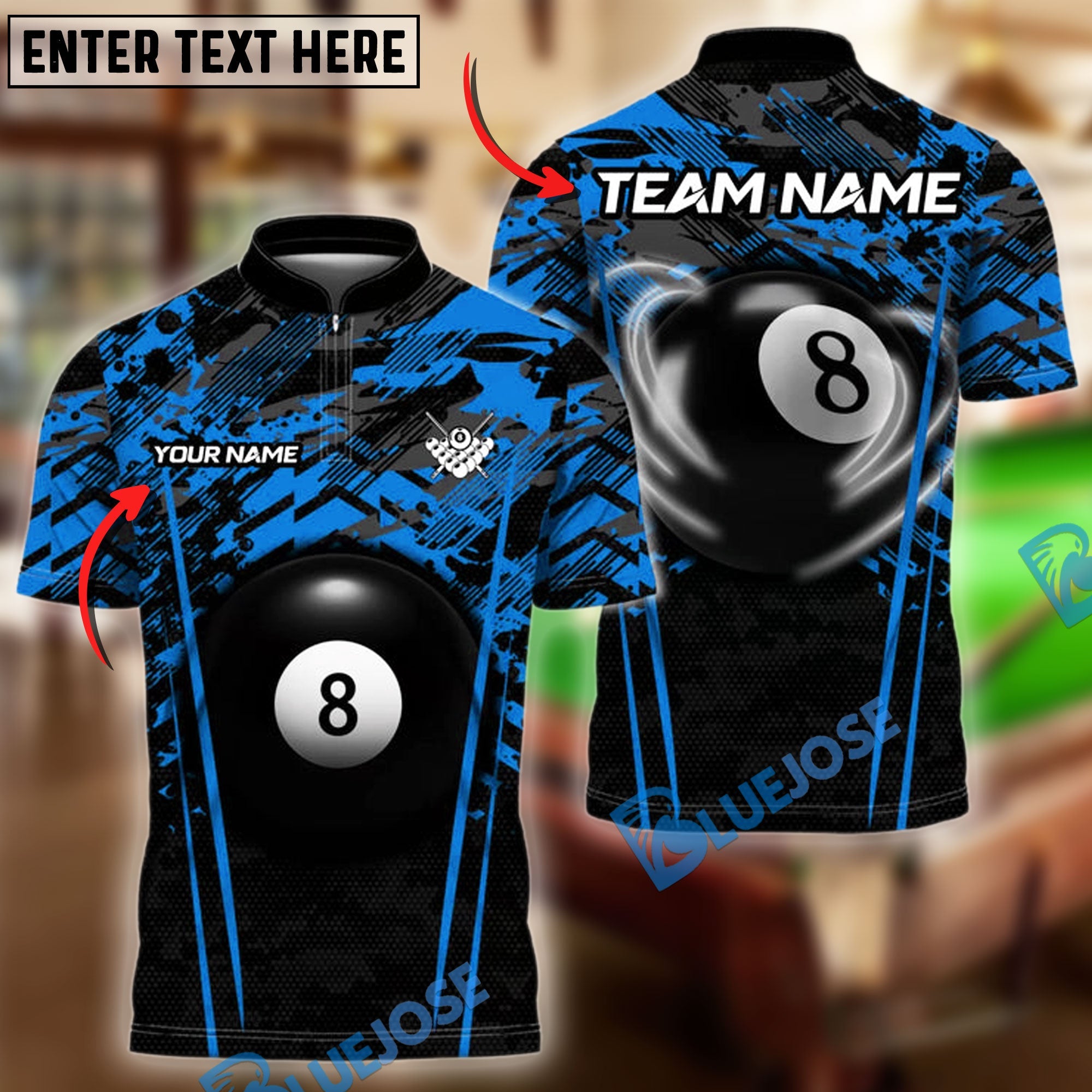 BlueJose Billiards Ball 8 Crimson Cue Clash Personalized Name & Team Name Shirt (4 Colors)