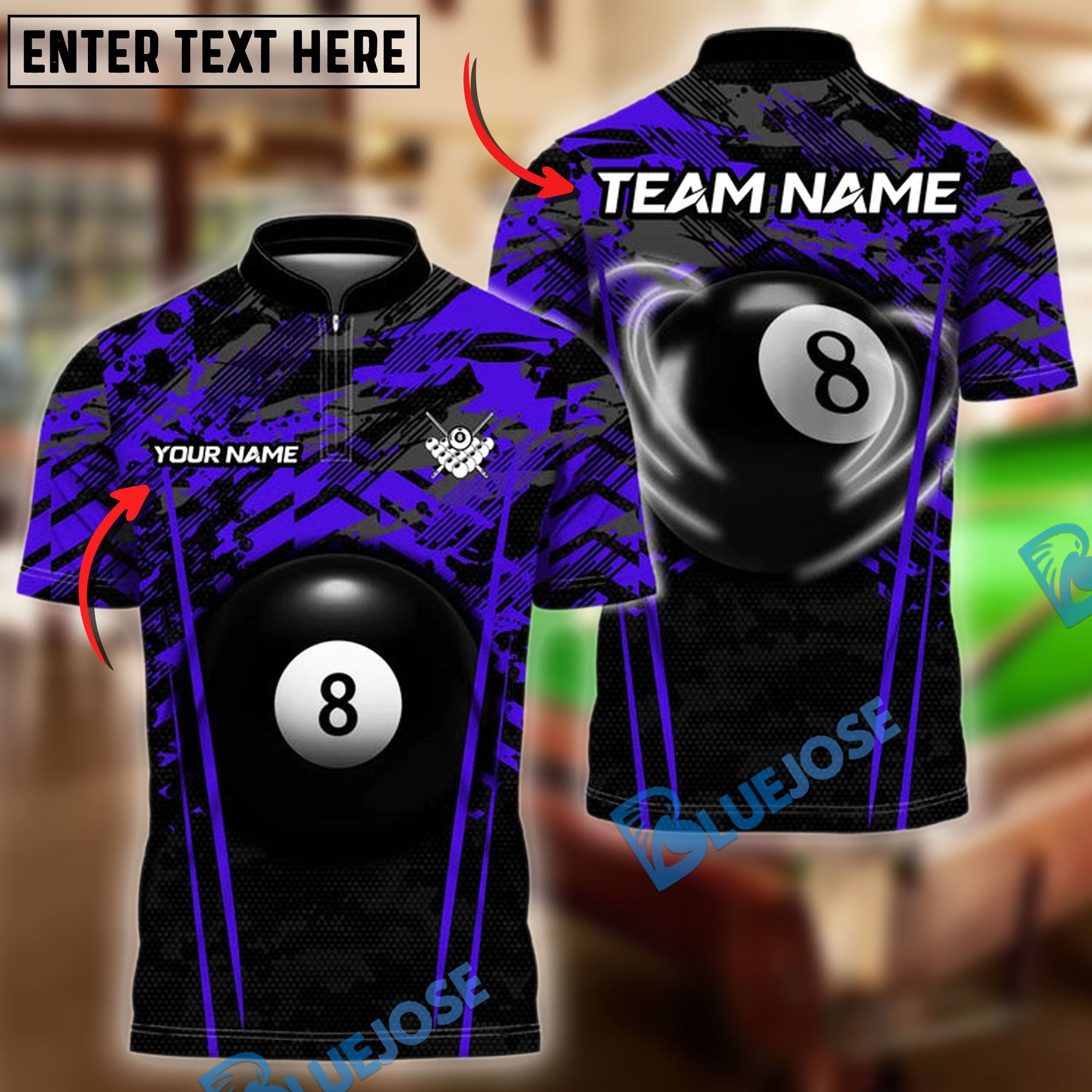 BlueJose Billiards Ball 8 Crimson Cue Clash Personalized Name & Team Name Shirt (4 Colors)
