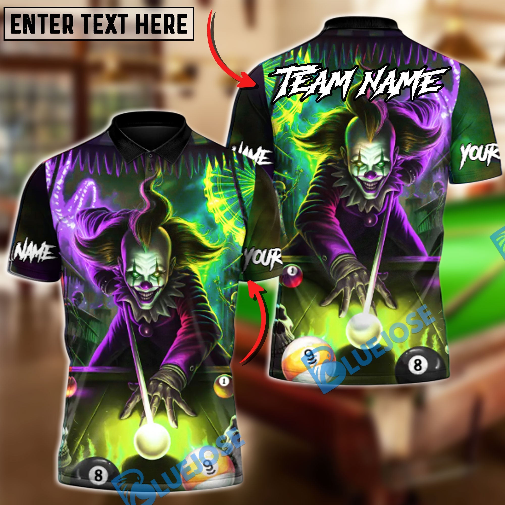 BlueJose Billiards Neon Killer Joker Personalized Name, Team Name Unisex Shirt (4 Colors)