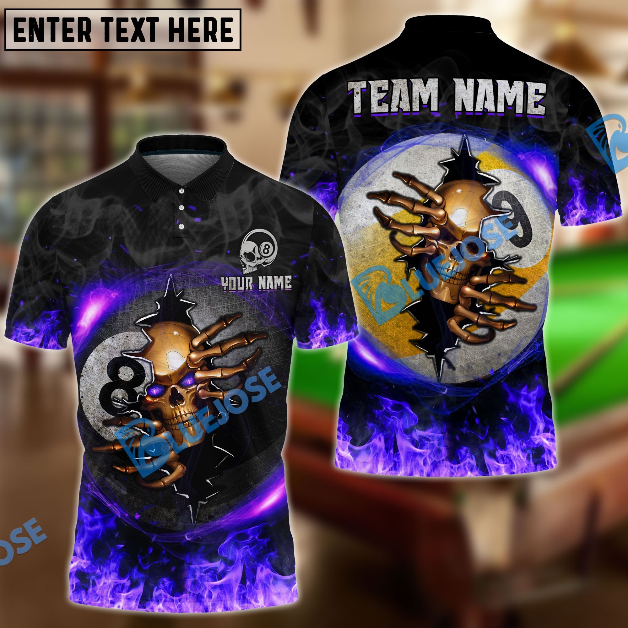 BlueJose Billiards Ball 8 And 9 Fire Skull Crack Personalized Name, Team Name Unisex Shirt (6 Colors)