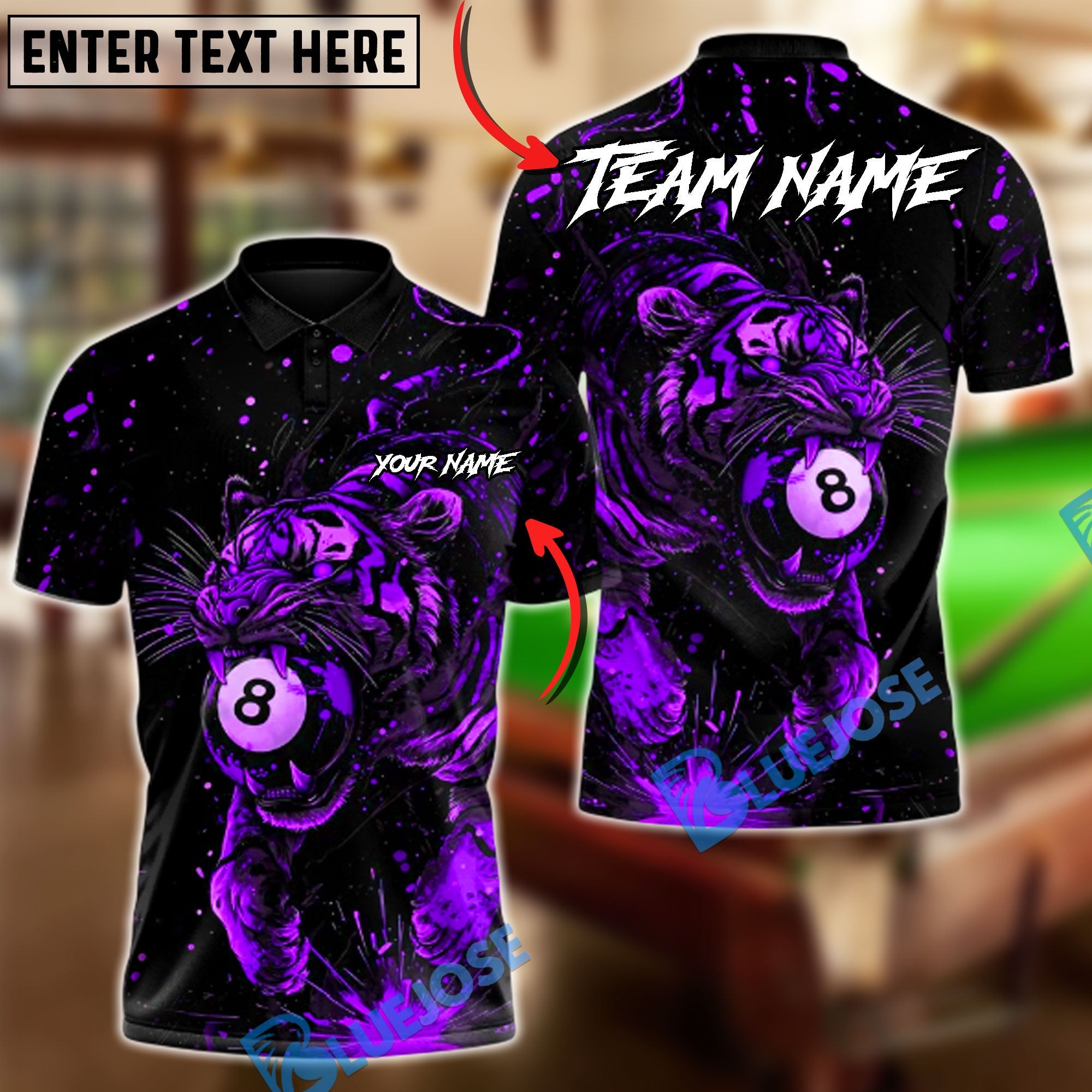 BlueJose Billiards 8-Ball Midnight Tiger Strike Customized Name, Team Name 3D Shirt (4 Colors)
