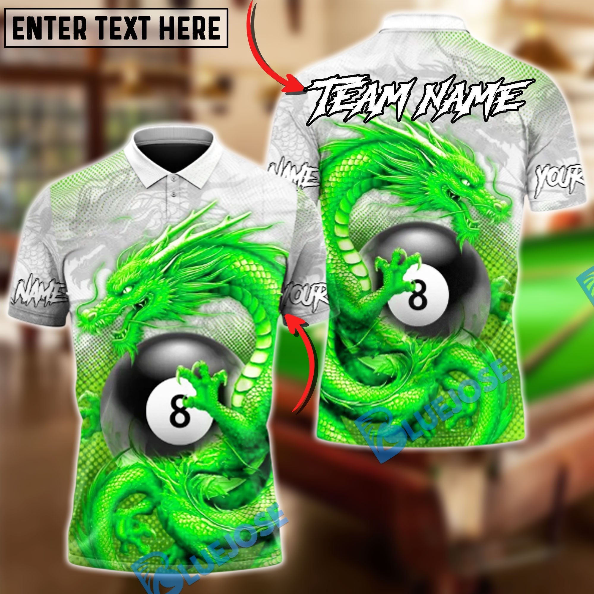 BlueJose Billiards 8-Ball Dragon Dominion Customized Name, Team Name 3D Shirt (6 Colors)