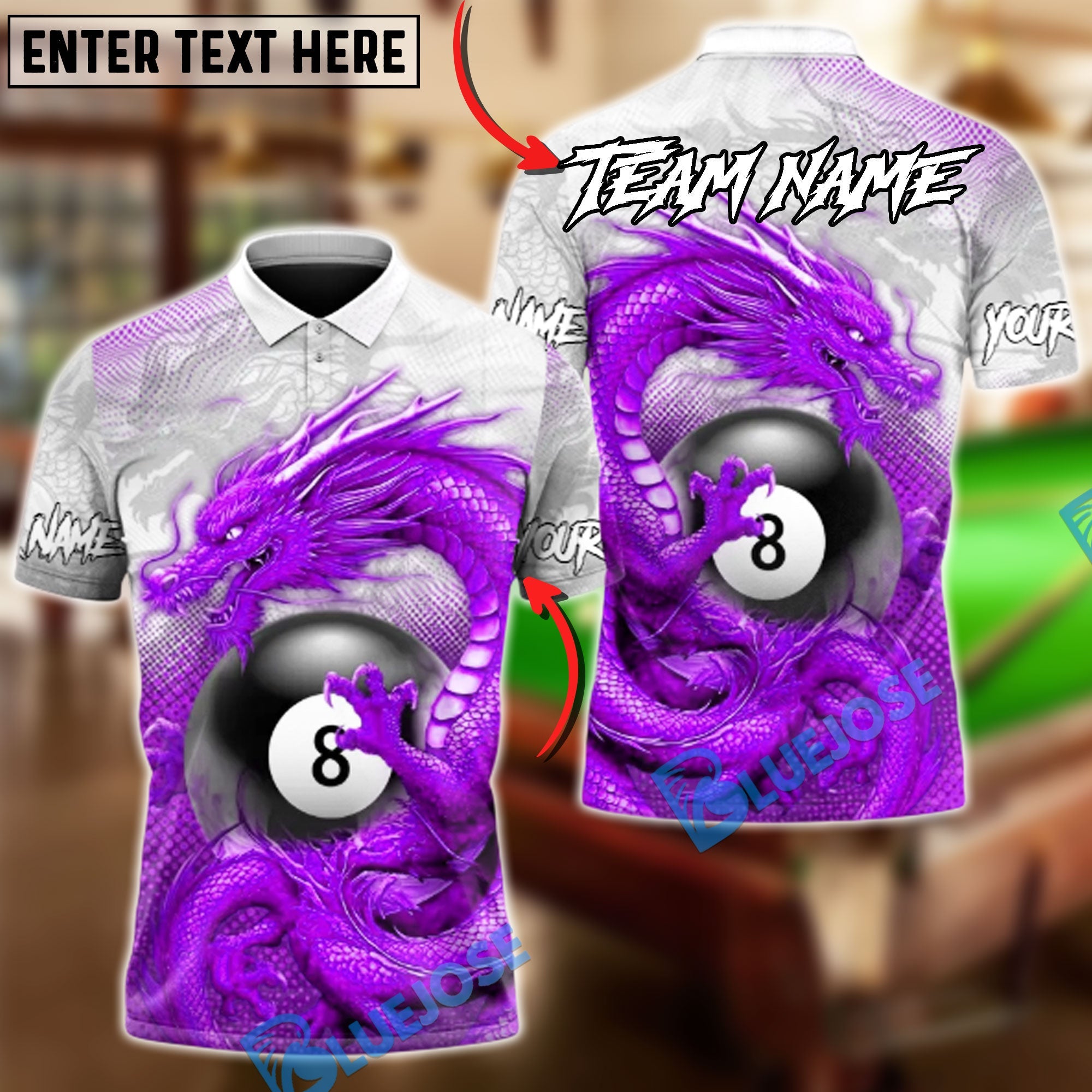BlueJose Billiards 8-Ball Dragon Dominion Customized Name, Team Name 3D Shirt (6 Colors)