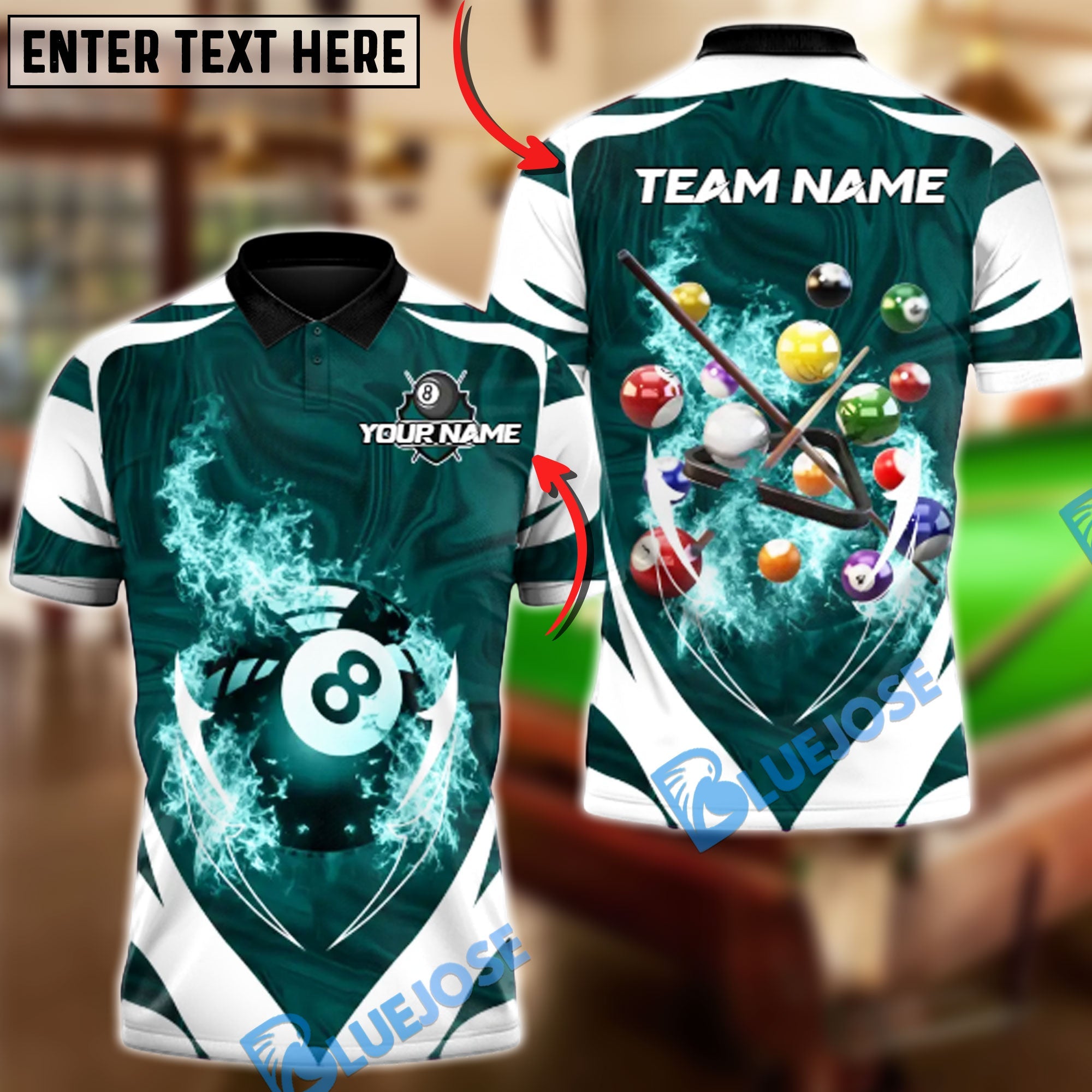 BlueJose Billiards 8-Ball Infernal Break Customized Name, Team Name 3D Shirt (4 Colors)