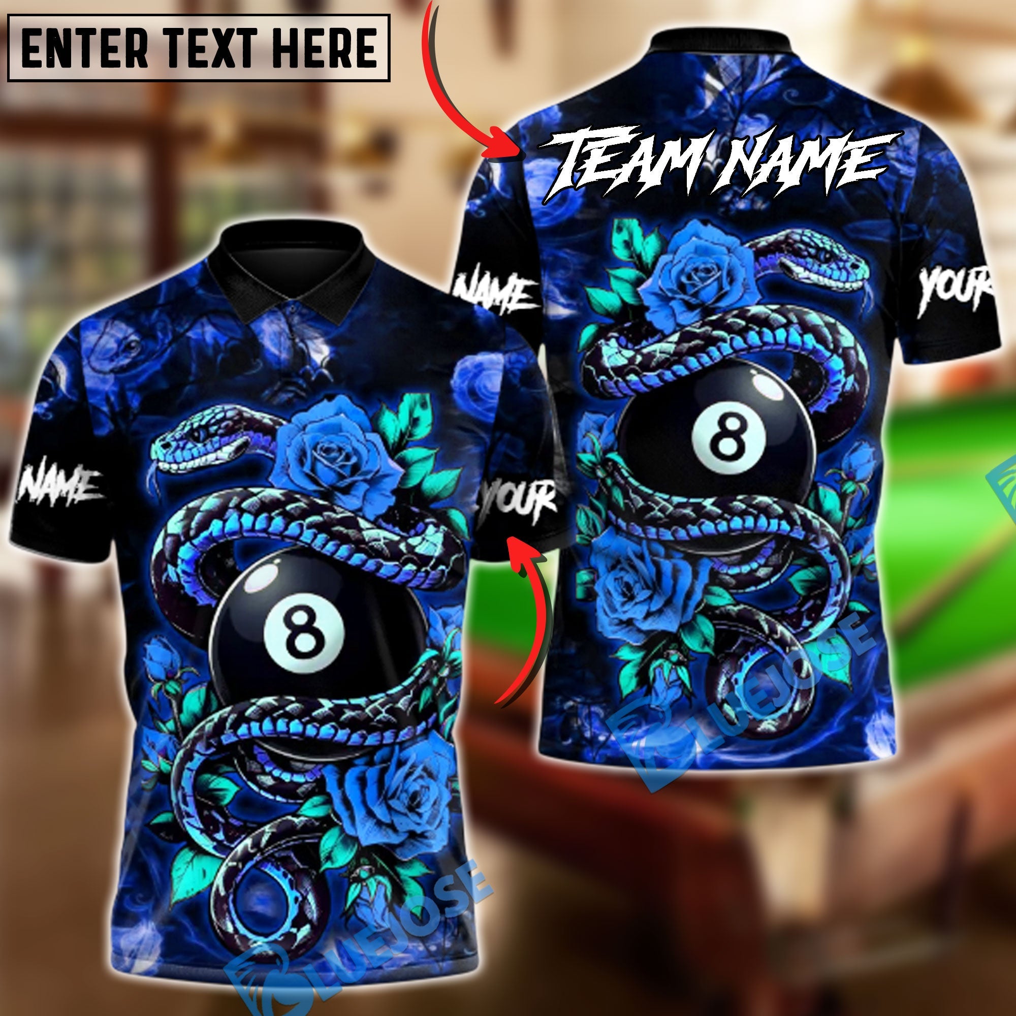 BlueJose Billiards  8-Ball Rose Crimson Serpent Customized Name, Team Name 3D Shirt (4 Colors)