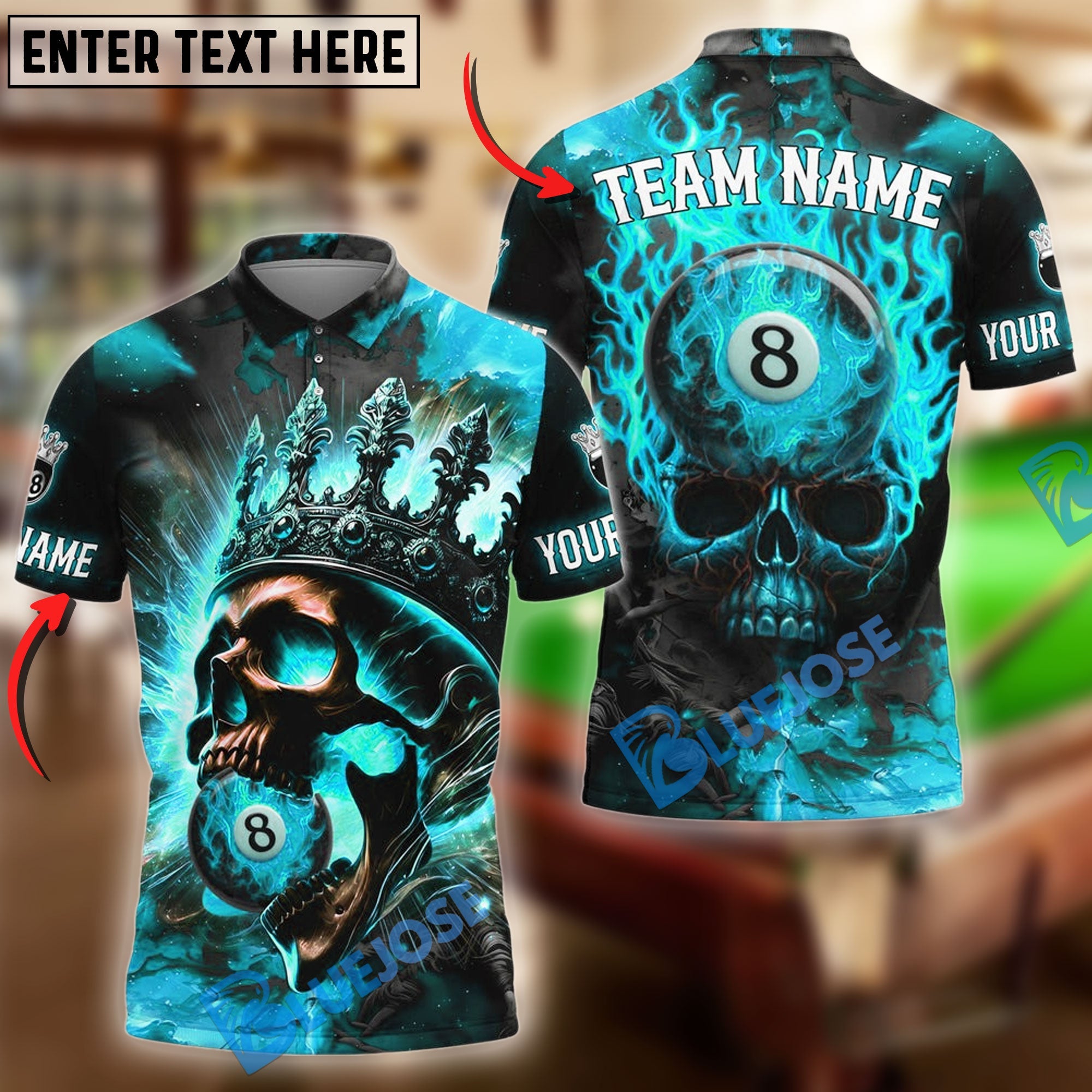 BlueJose Billiards Ball 8 Inferno Skull King Personalized Name Shirt (4 Colors)