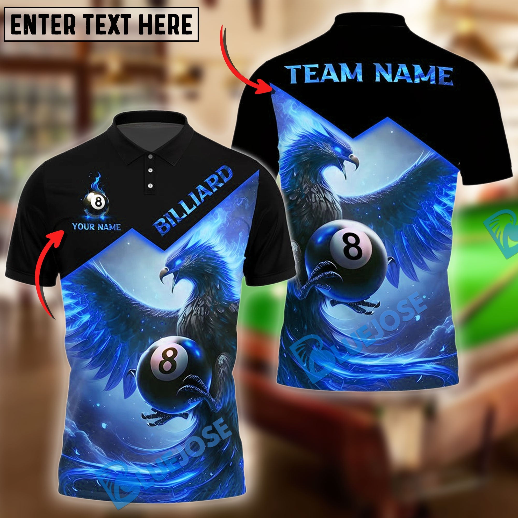 BlueJose Billiards Ball 8 Flame Phoenix Personalized Name Shirt (4 Colors)