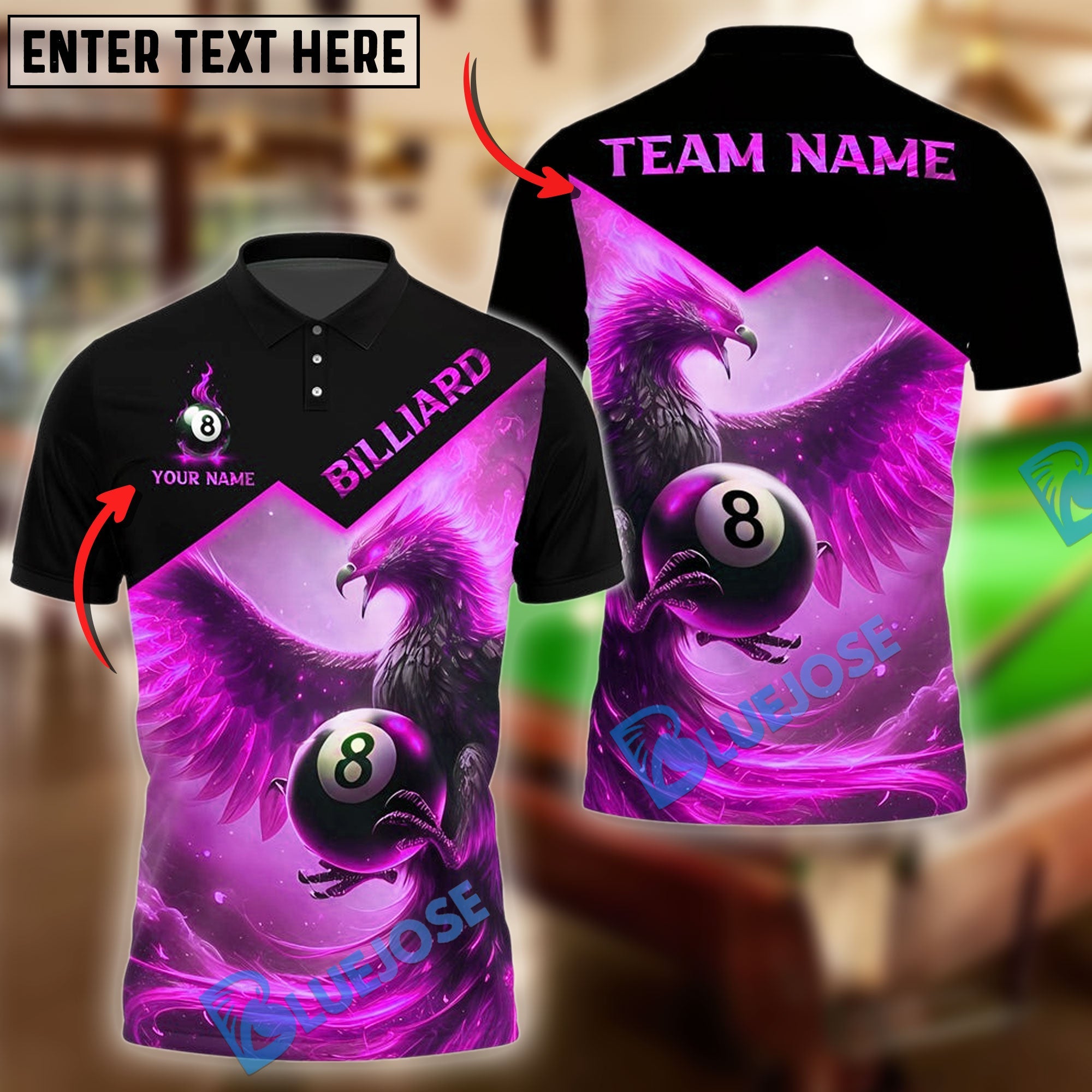 BlueJose Billiards Ball 8 Flame Phoenix Personalized Name Shirt (4 Colors)