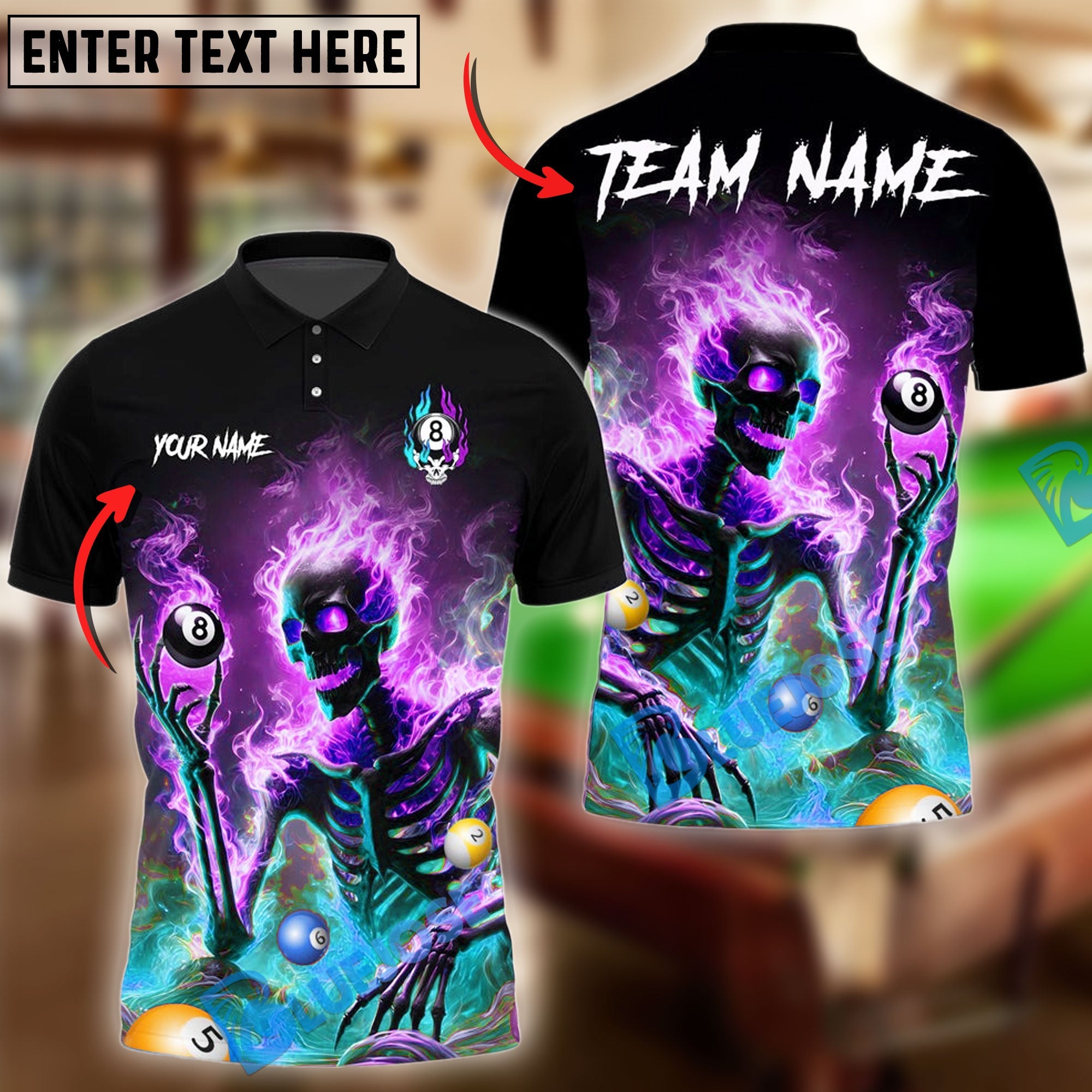 BlueJose Billiards Ball 8 Skeleton On Fire  Personalized Name Shirt (4 Colors)