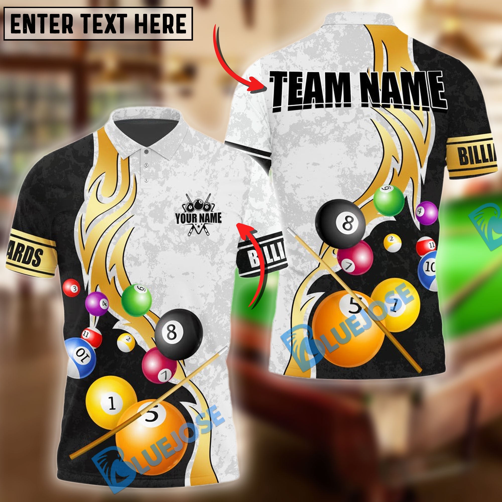 BlueJose Billiards Ball 8 Metallic Flame Pattern Personalized Name Shirt (4 Colors)