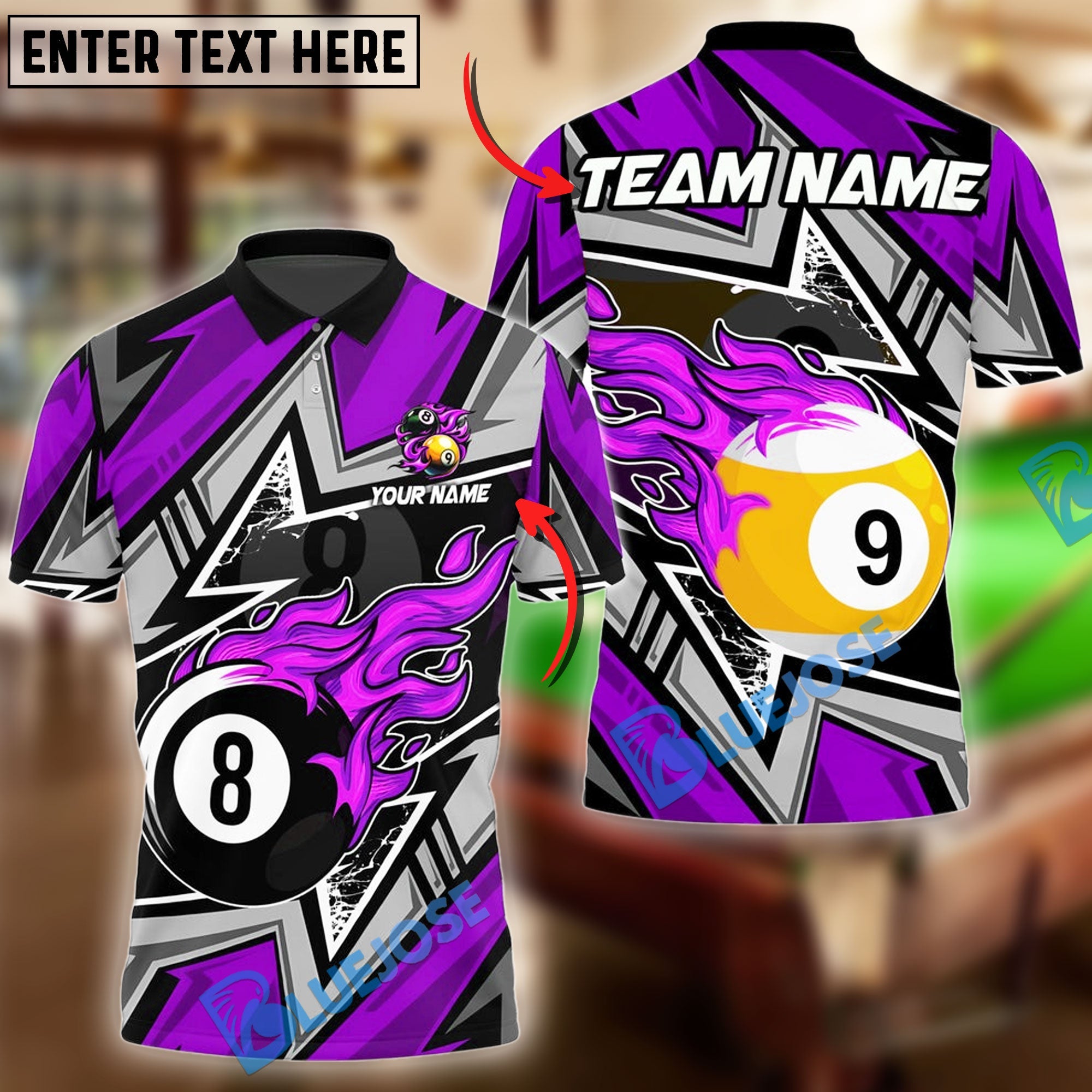 BlueJose Billiards Ball 8&9 Lightning Racing Personalized Name Shirt (4 Colors)