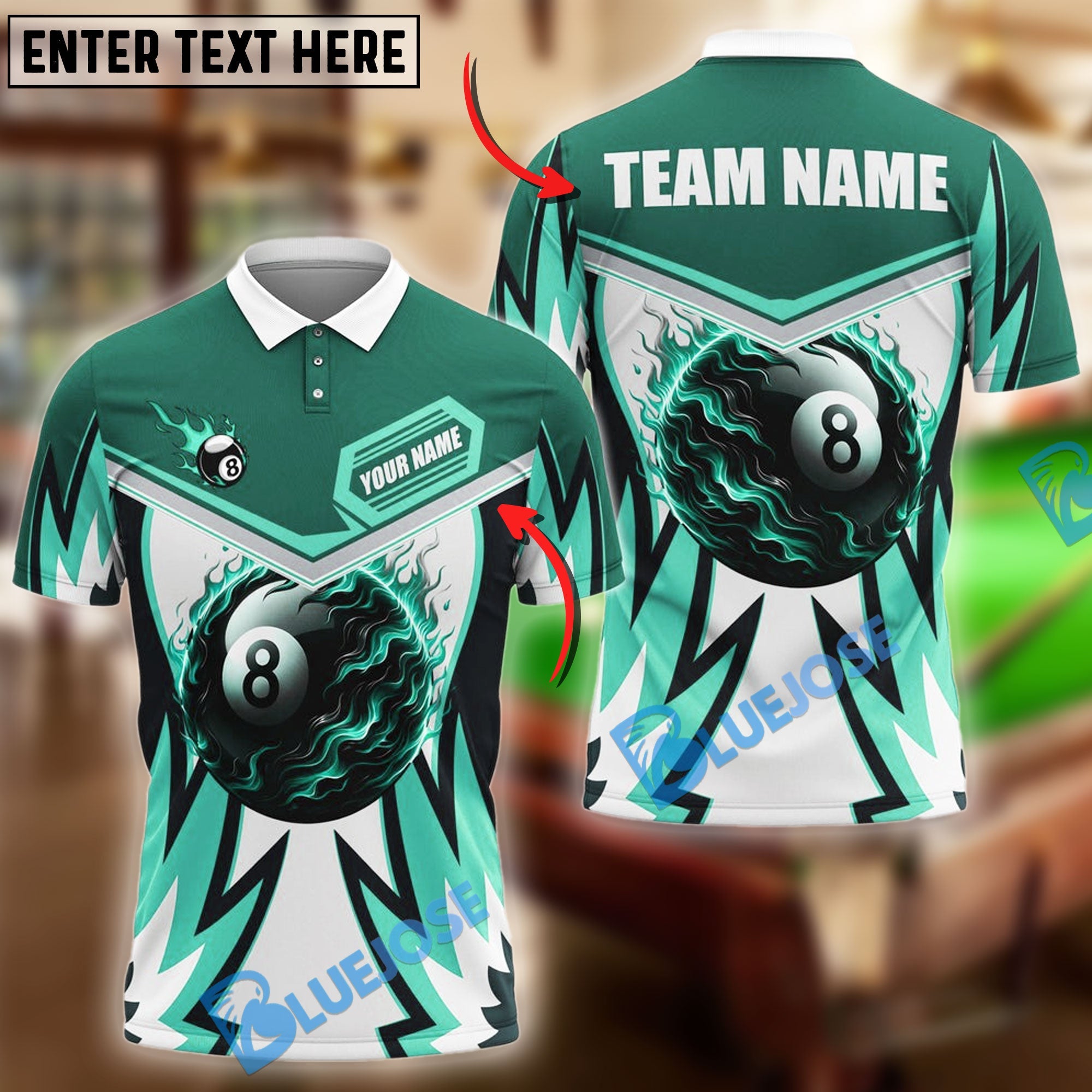 BlueJose Billiards Ball 8 Fire Wings Personalized Name Shirt (4 Colors)