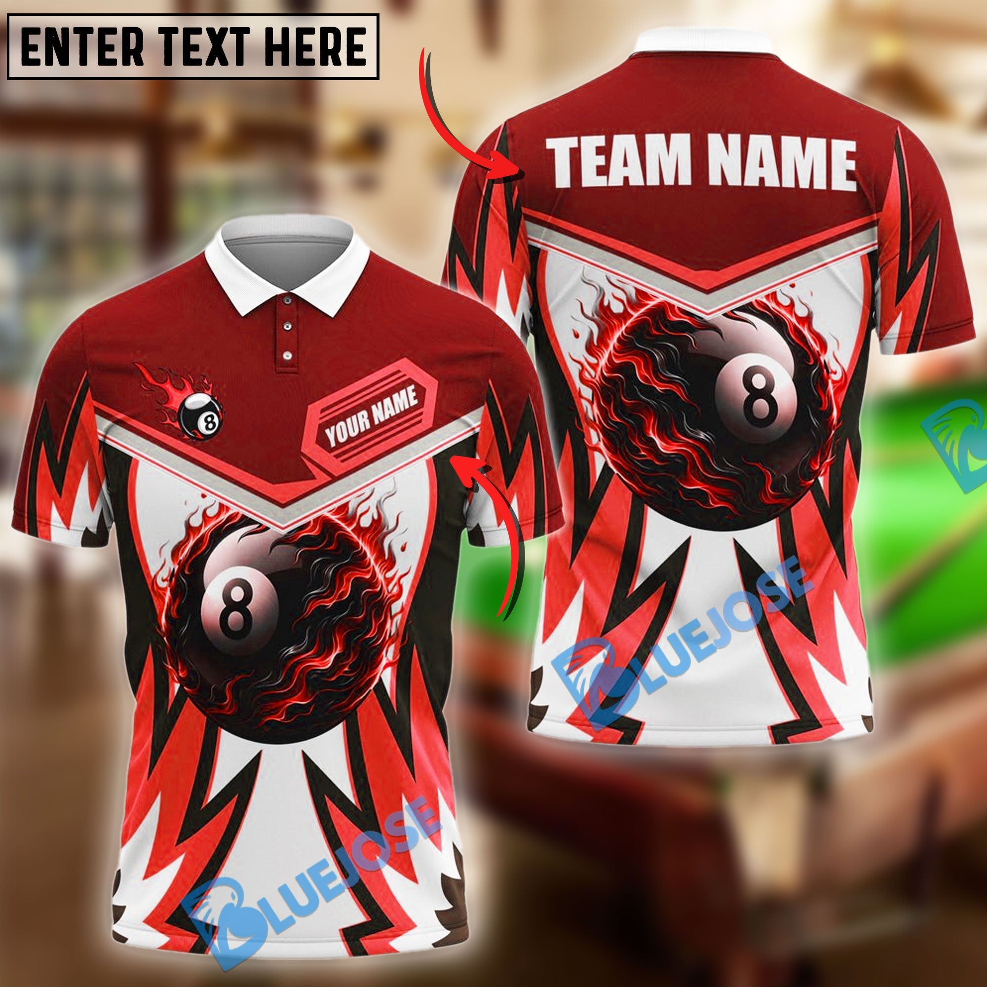 BlueJose Billiards Ball 8 Fire Wings Personalized Name Shirt (4 Colors)