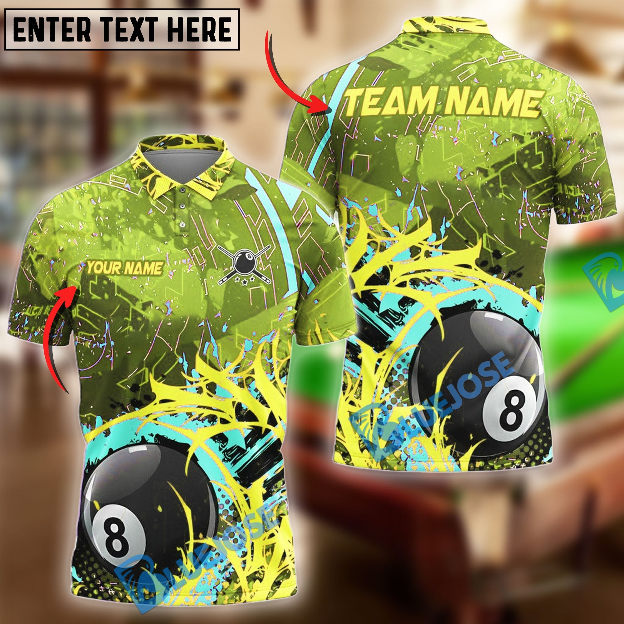BlueJose Billiards Ball 8 Colorful Spike Personalized Name Shirt (4 Colors)