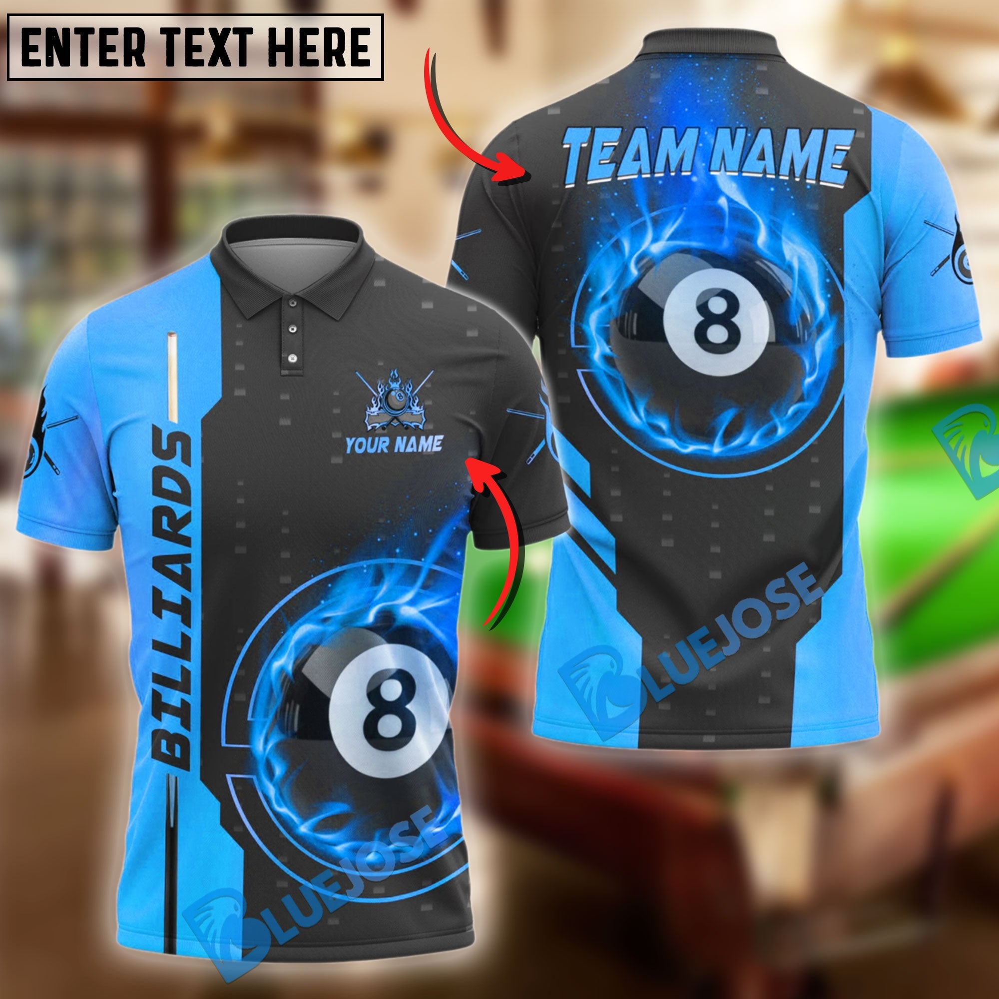 BlueJose Billiards Ball 8 Flame Style Personalized Name Shirt (4 Colors)