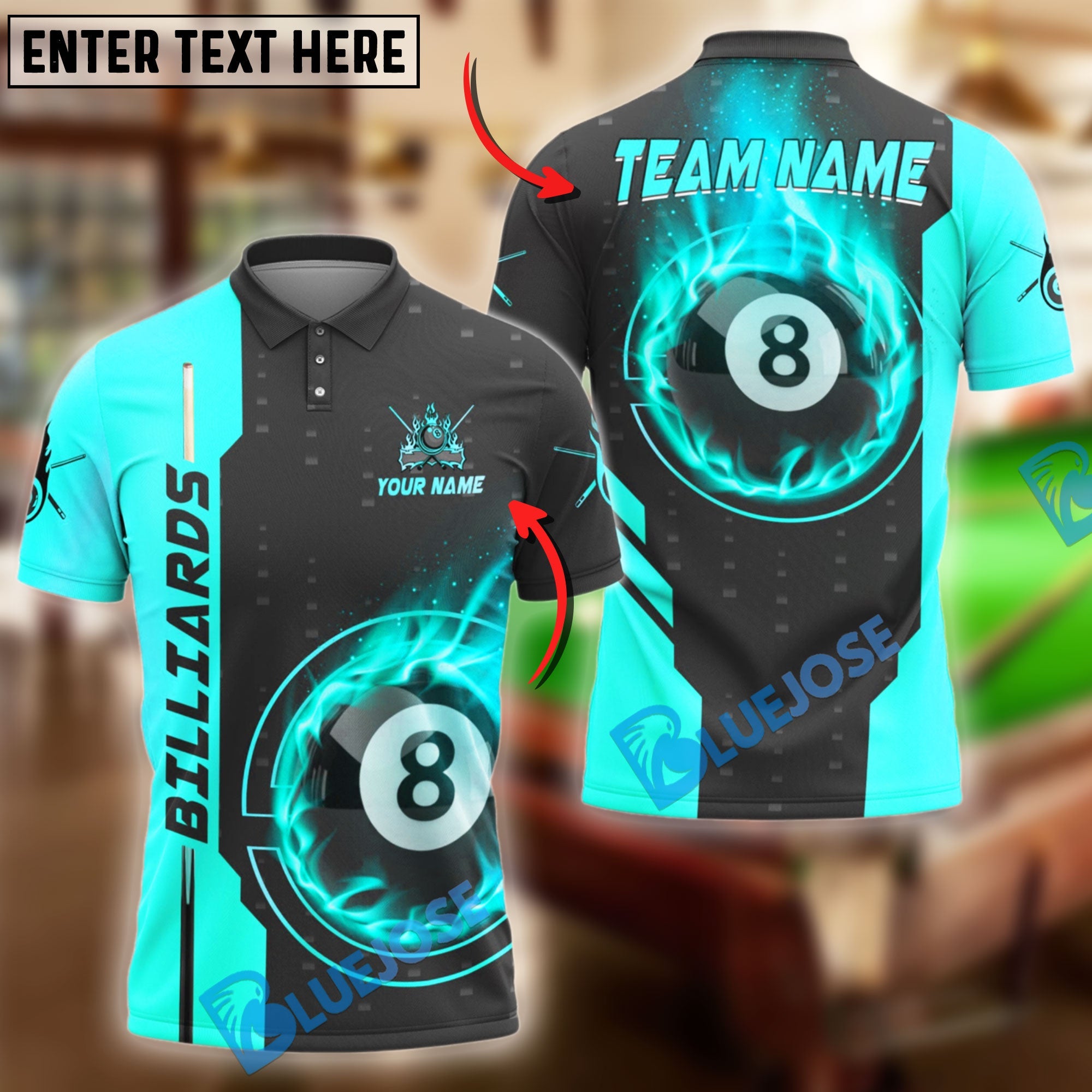 BlueJose Billiards Ball 8 Flame Style Personalized Name Shirt (4 Colors)