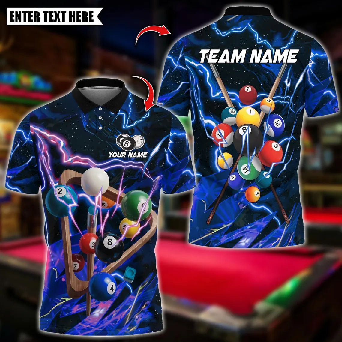 BlueJose Billiards 8 Ball Thunder Lightning Balls Design Personalized Name Shirt (4 Colors)