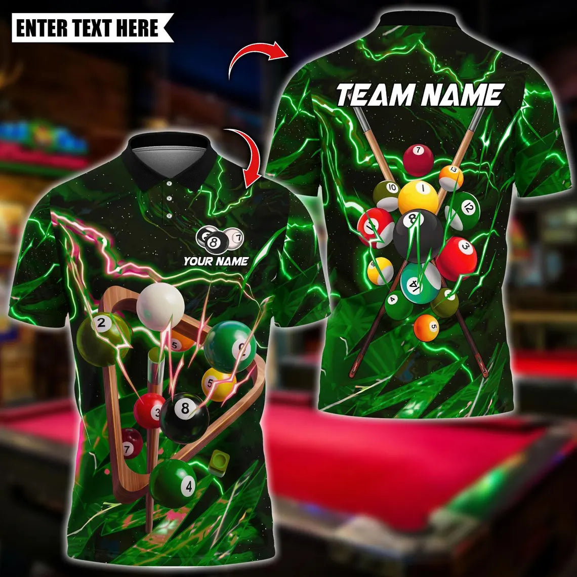 BlueJose Billiards 8 Ball Thunder Lightning Balls Design Personalized Name Shirt (4 Colors)