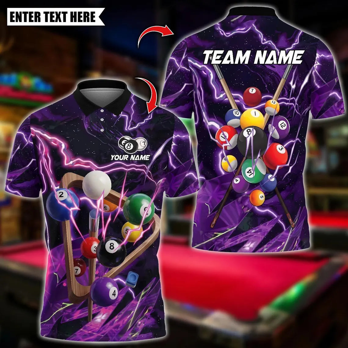 BlueJose Billiards 8 Ball Thunder Lightning Balls Design Personalized Name Shirt (4 Colors)
