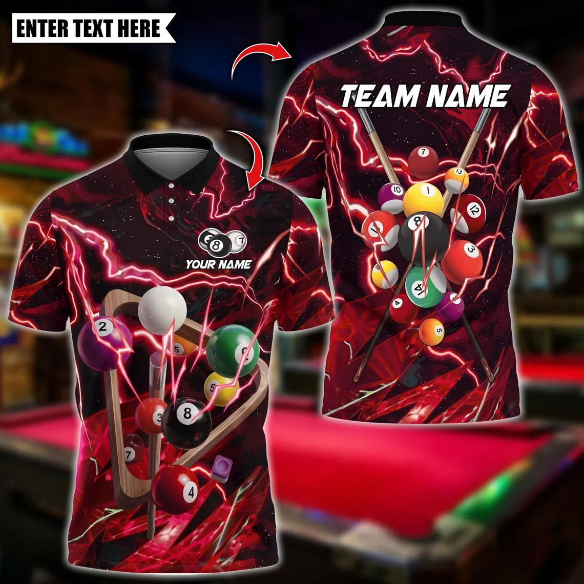 BlueJose Billiards 8 Ball Thunder Lightning Balls Design Personalized Name Shirt (4 Colors)