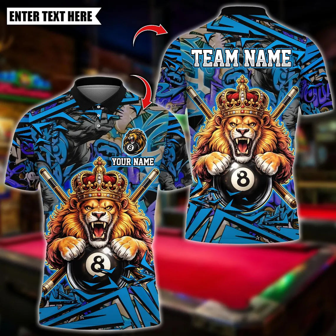 BlueJose Billiards 8 Ball Lion King Graffiti Pattern Personalized Name Shirt (4 Colors)